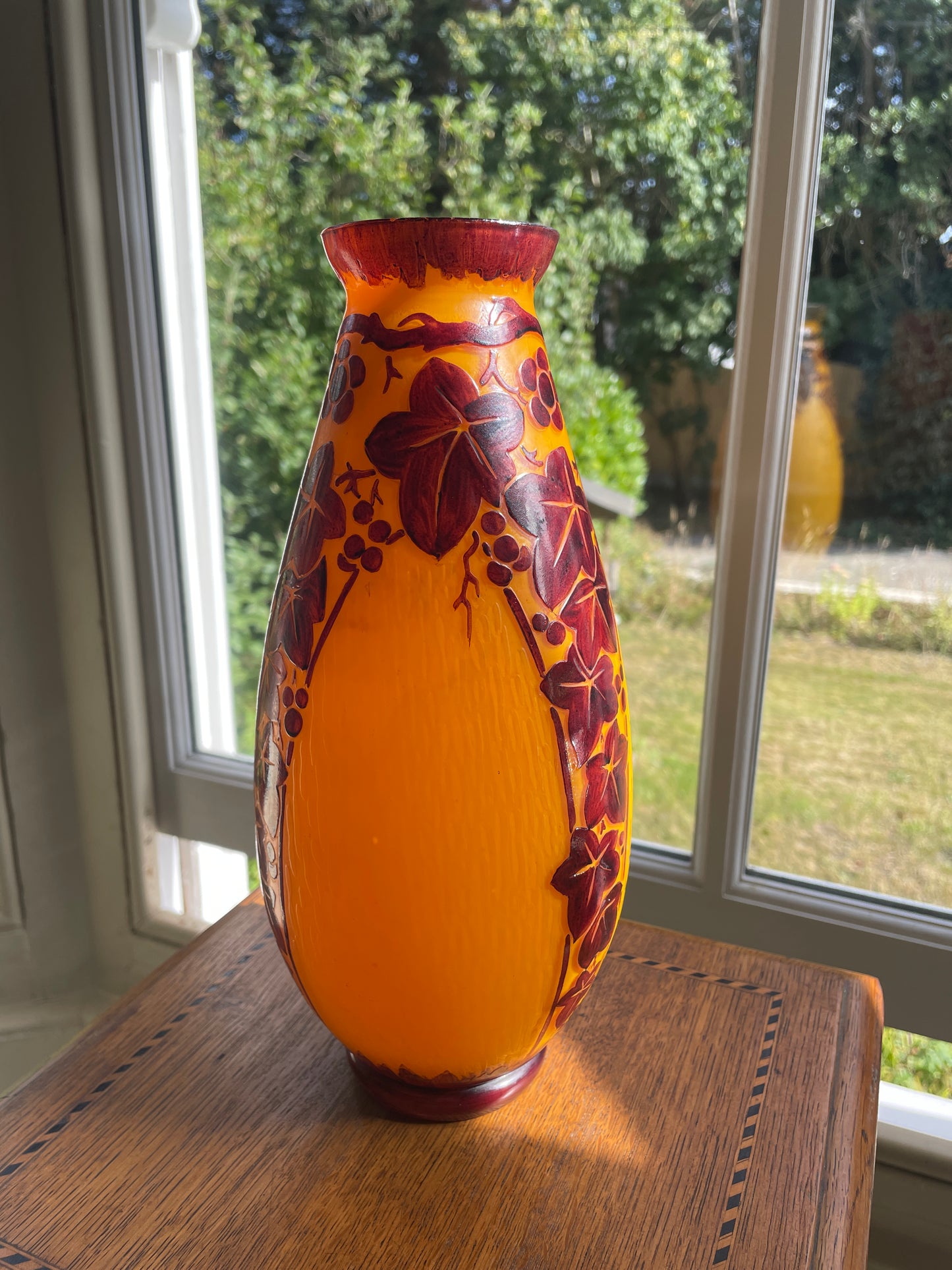 Verreries d’Art Lorrain VAL Orange Cameo Glass Vase – Vintage French Acid Etched Art Nouveau Revival Grapevine Design c.1950s 27cm tall