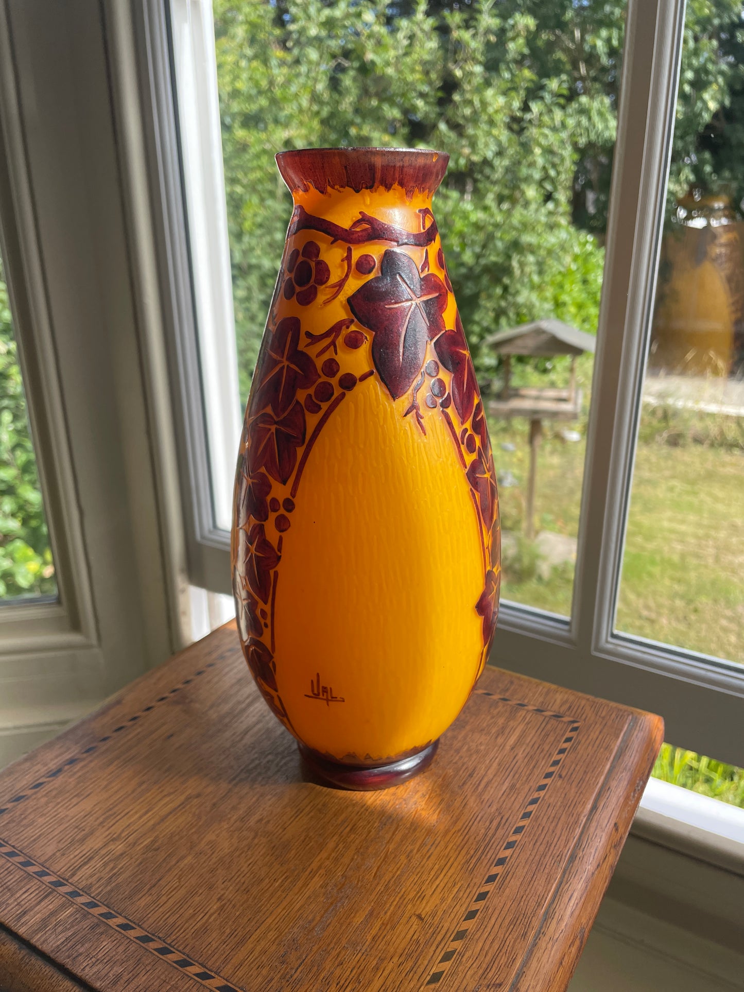 Verreries d’Art Lorrain VAL Orange Cameo Glass Vase – Vintage French Acid Etched Art Nouveau Revival Grapevine Design c.1950s 27cm tall