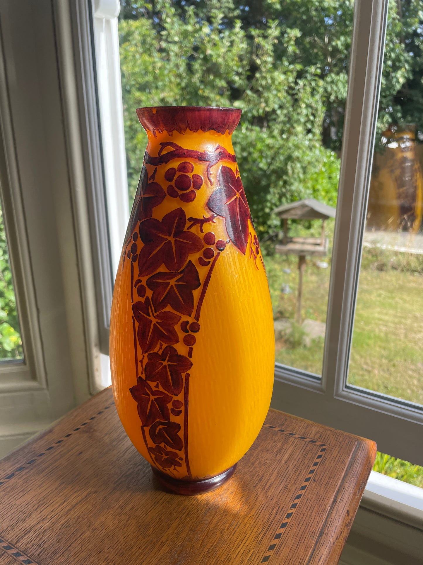 Verreries d’Art Lorrain VAL Orange Cameo Glass Vase – Vintage French Acid Etched Art Nouveau Revival Grapevine Design c.1950s 27cm tall