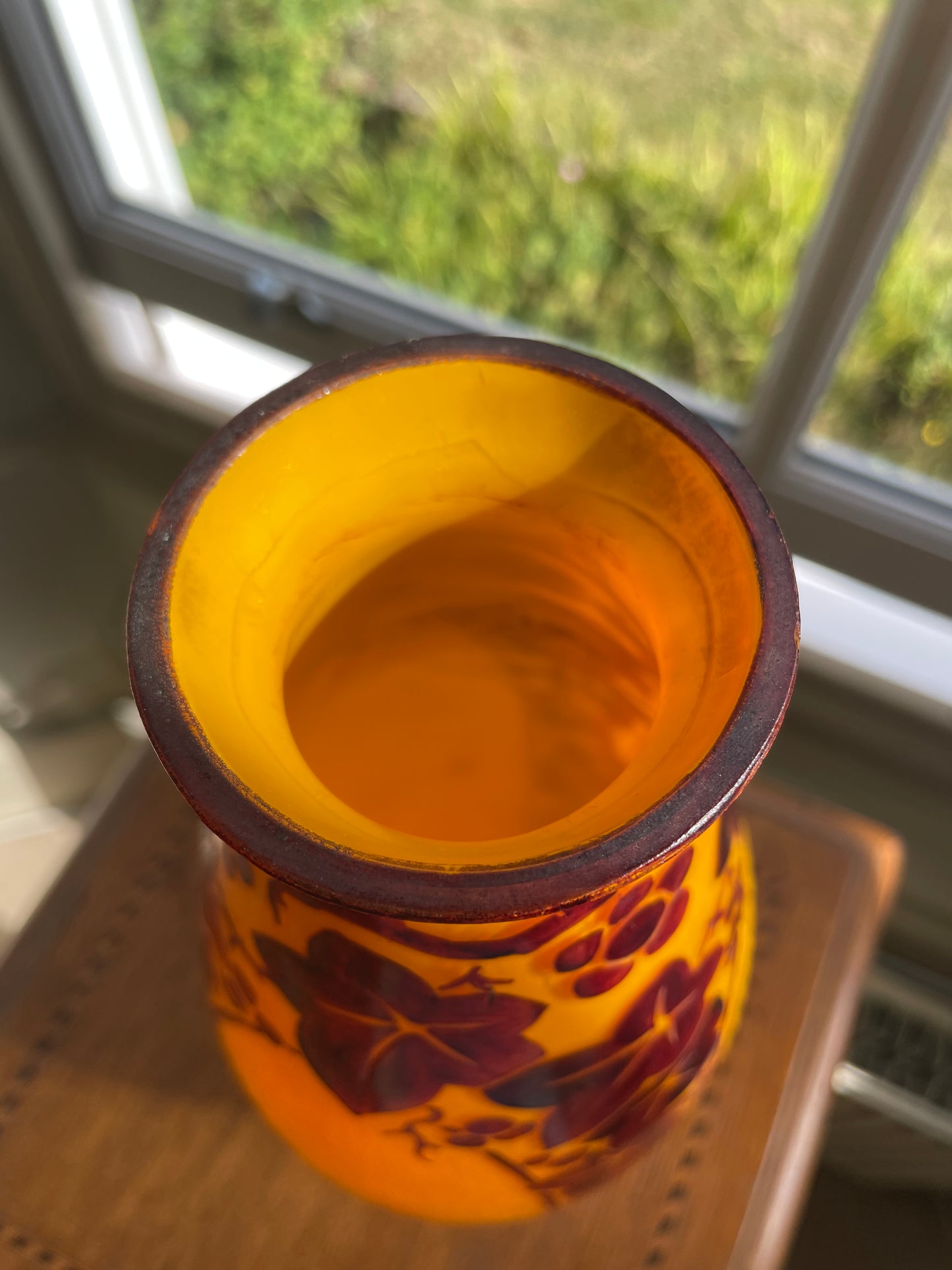 Verreries d’Art Lorrain VAL Orange Cameo Glass Vase – Vintage French Acid Etched Art Nouveau Revival Grapevine Design c.1950s 27cm tall
