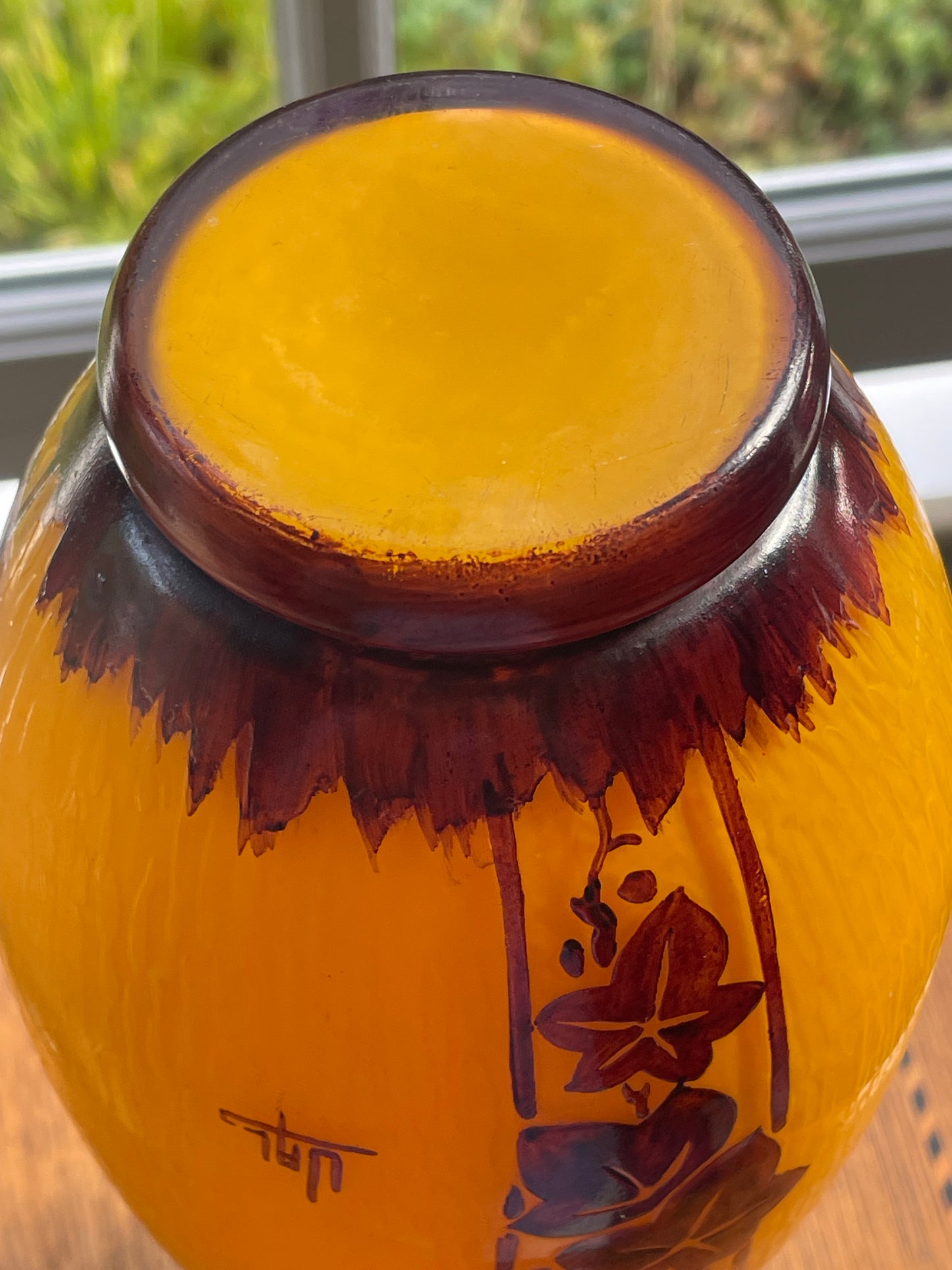 Verreries d’Art Lorrain VAL Orange Cameo Glass Vase – Vintage French Acid Etched Art Nouveau Revival Grapevine Design c.1950s 27cm tall