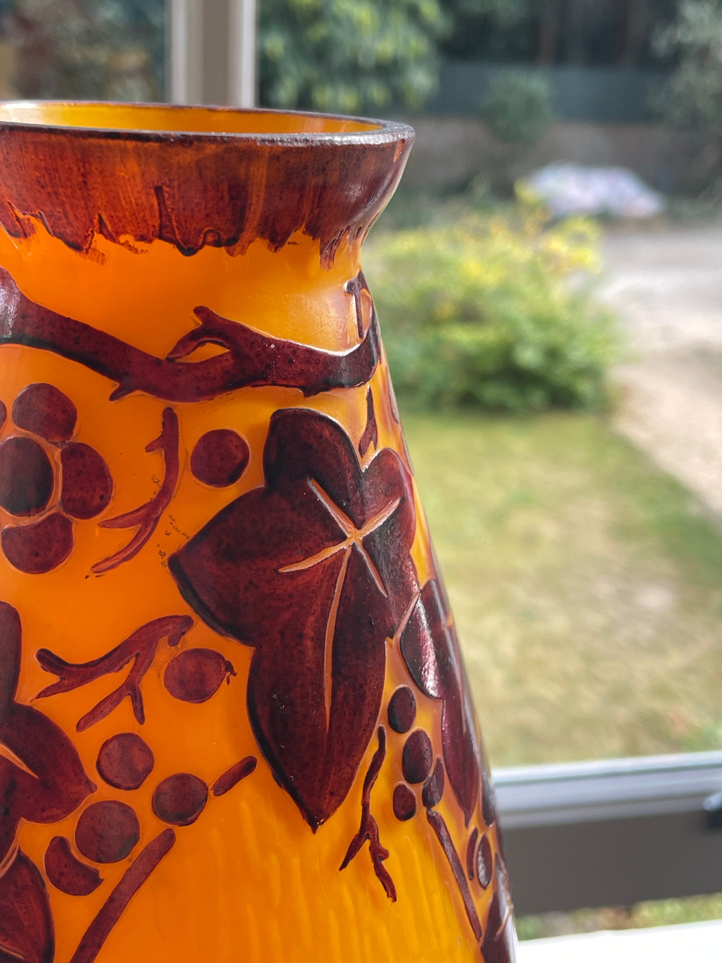 Verreries d’Art Lorrain VAL Orange Cameo Glass Vase – Vintage French Acid Etched Art Nouveau Revival Grapevine Design c.1950s 27cm tall