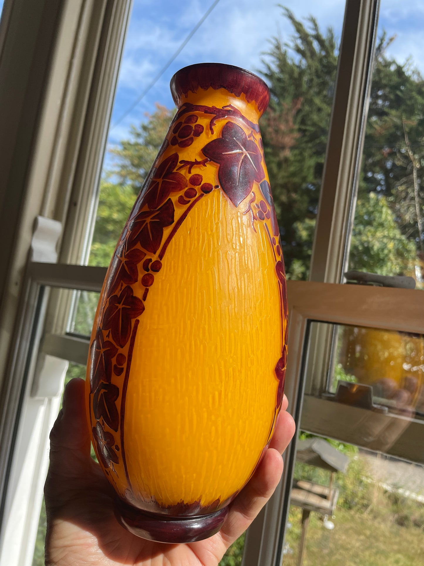 Verreries d’Art Lorrain VAL Orange Cameo Glass Vase – Vintage French Acid Etched Art Nouveau Revival Grapevine Design c.1950s 27cm tall