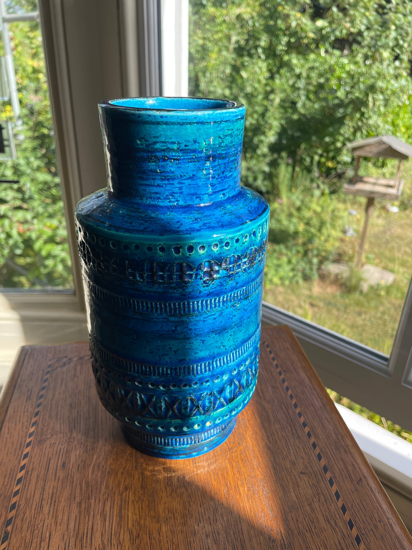 Aldo Londi for Bitossi Rimini Blu Vase – Mid Century Italian Pottery, 22.5cm Turquoise & Cobalt Geometric Glaze, c.1960s