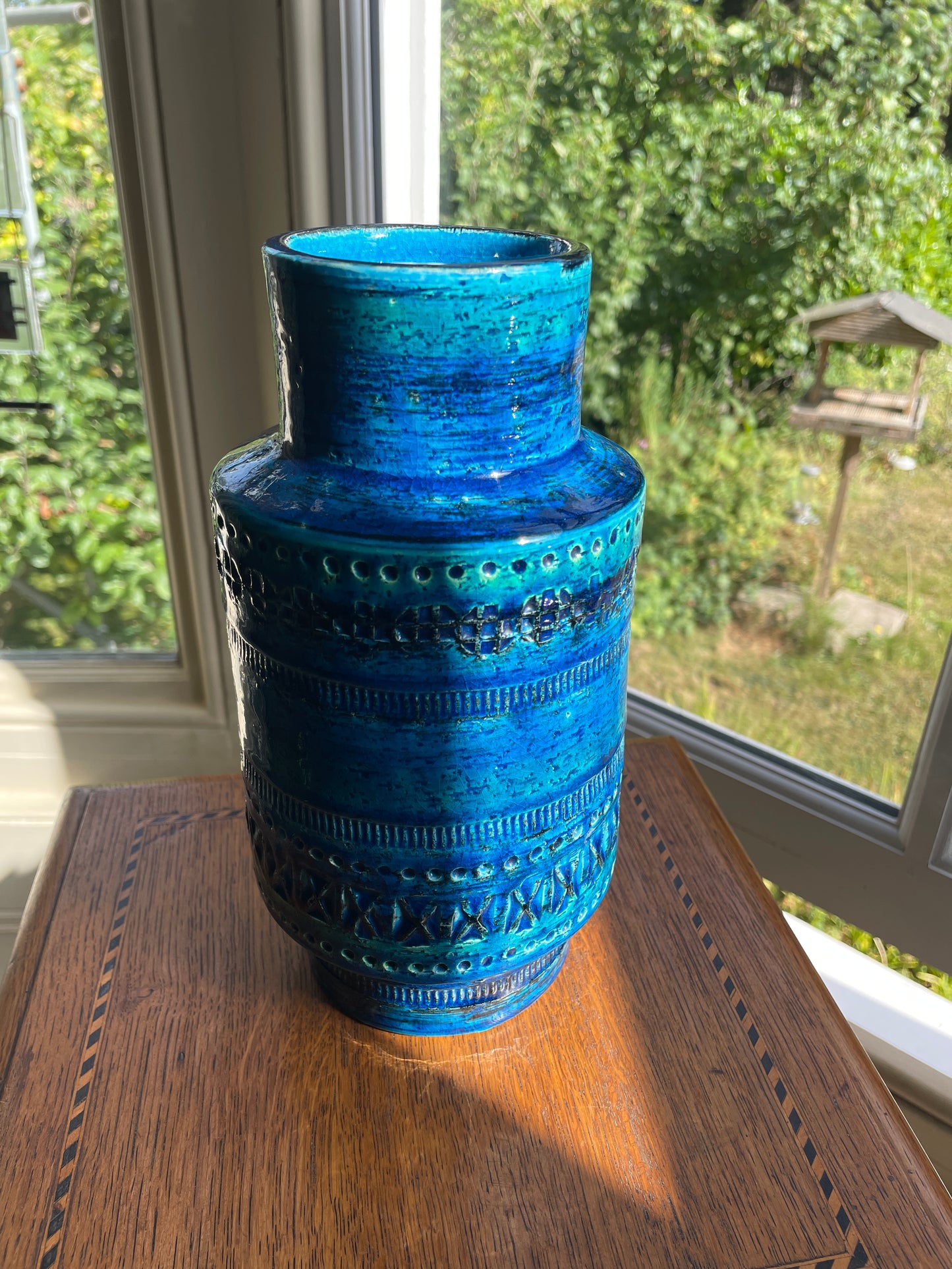 Aldo Londi for Bitossi Rimini Blu Vase – Mid Century Italian Pottery, 22.5cm Turquoise & Cobalt Geometric Glaze, c.1960s