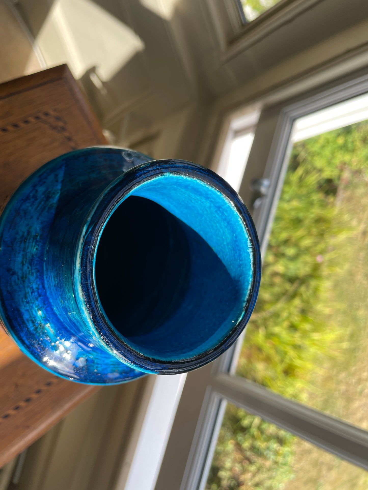 Aldo Londi for Bitossi Rimini Blu Vase – Mid Century Italian Pottery, 22.5cm Turquoise & Cobalt Geometric Glaze, c.1960s