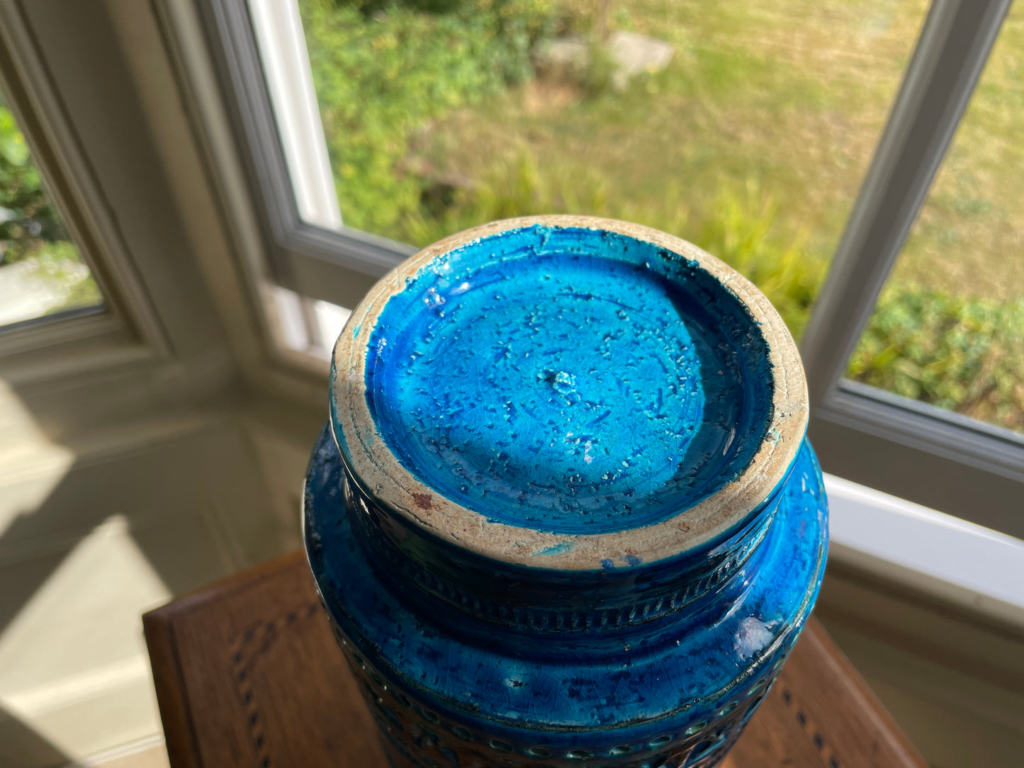Aldo Londi for Bitossi Rimini Blu Vase – Mid Century Italian Pottery, 22.5cm Turquoise & Cobalt Geometric Glaze, c.1960s