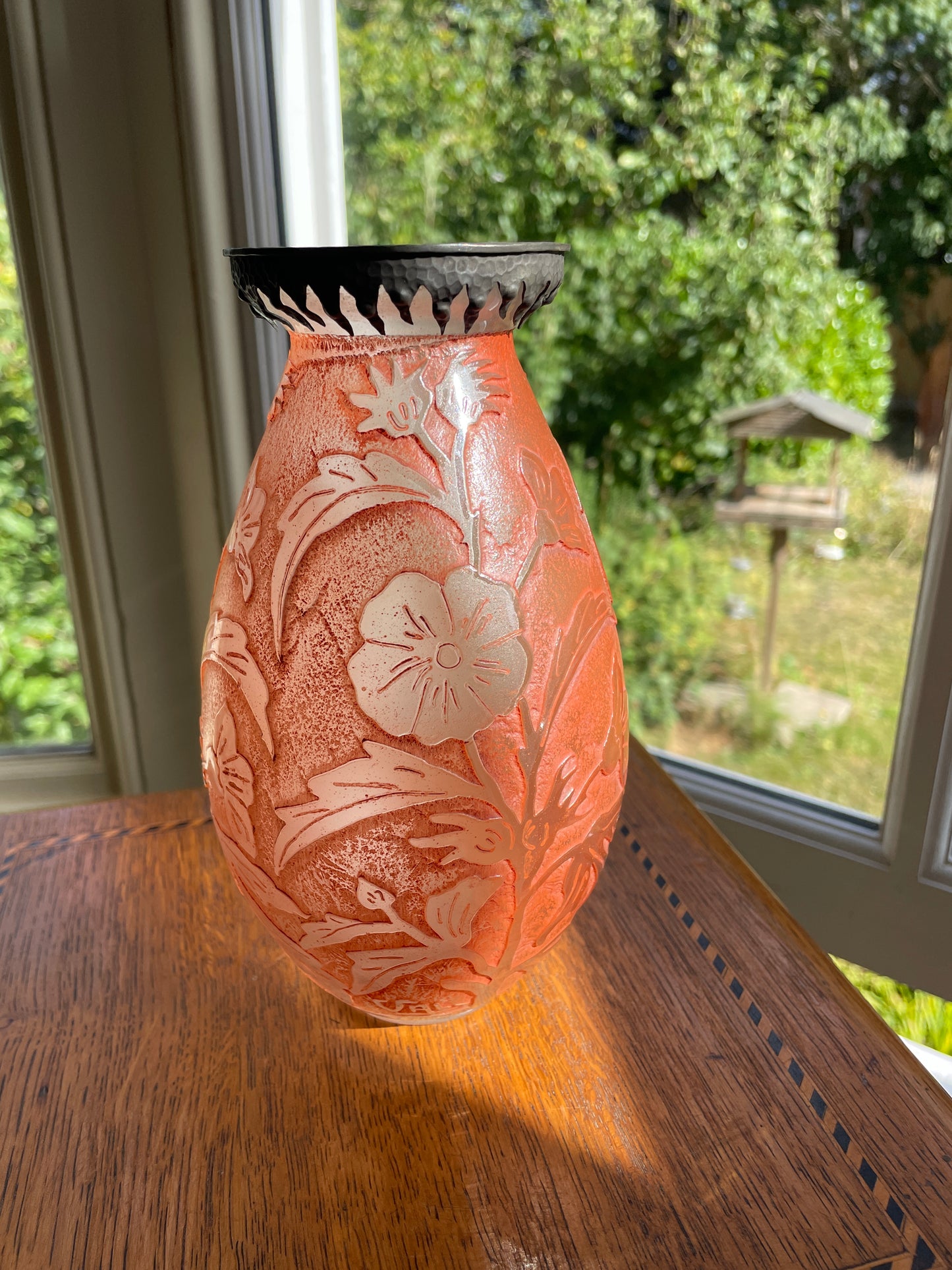 Verreries d’Art Lorrain VAL Cameo Glass Vase – Mid Century French Art Nouveau Revival Frosted Orange Floral Acid Etched with Metal Collar 18.5cm tall