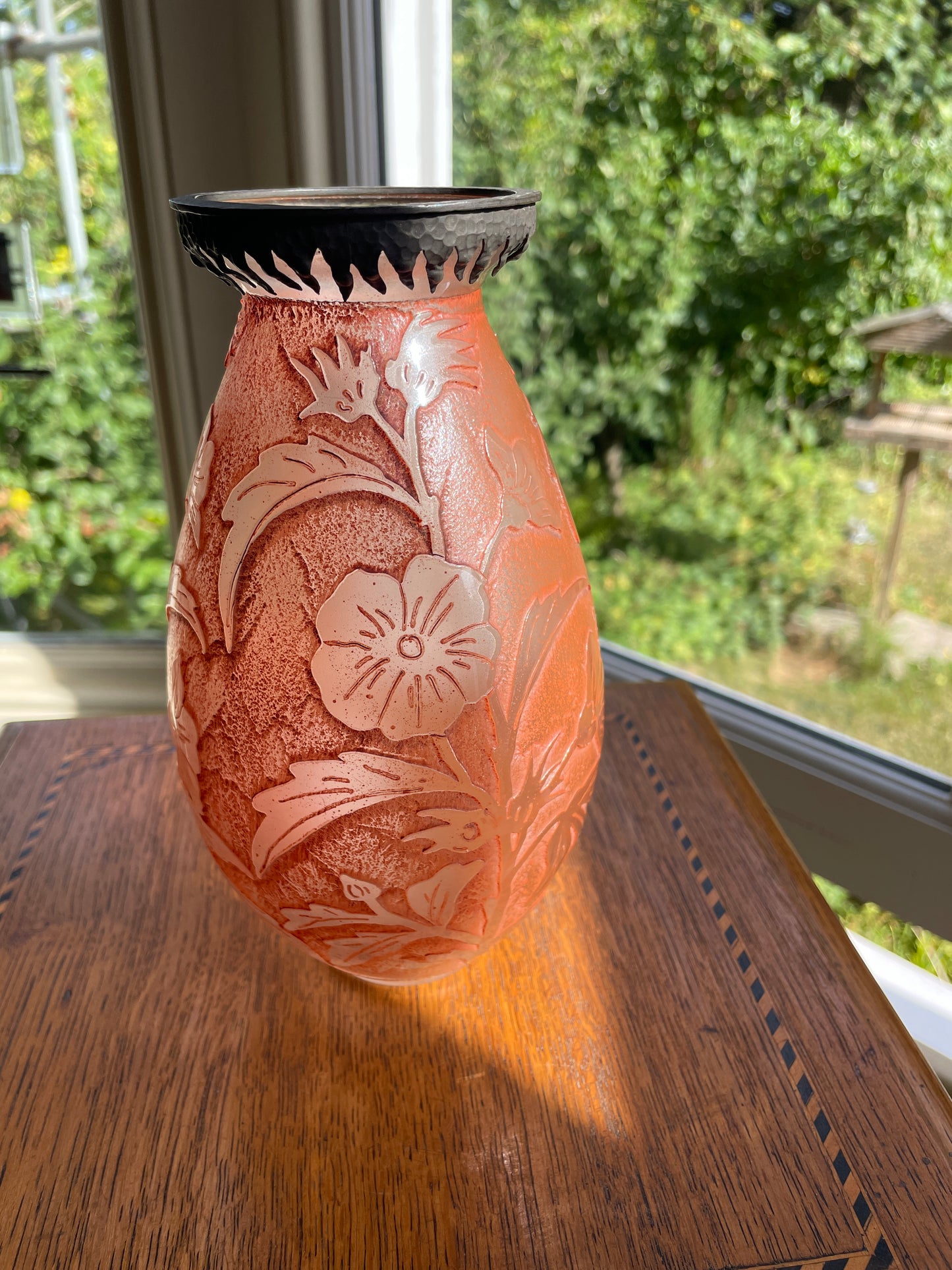 Verreries d’Art Lorrain VAL Cameo Glass Vase – Mid Century French Art Nouveau Revival Frosted Orange Floral Acid Etched with Metal Collar 18.5cm tall
