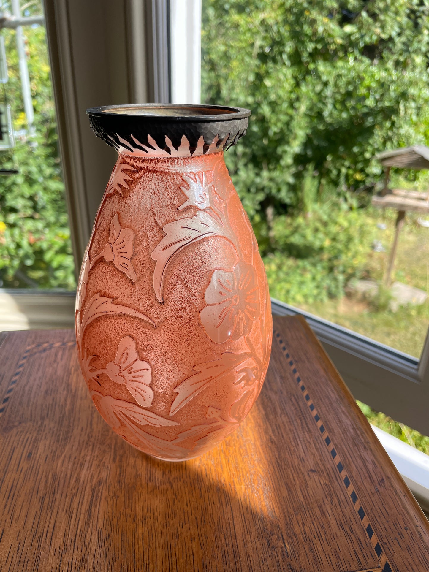 Verreries d’Art Lorrain VAL Cameo Glass Vase – Mid Century French Art Nouveau Revival Frosted Orange Floral Acid Etched with Metal Collar 18.5cm tall