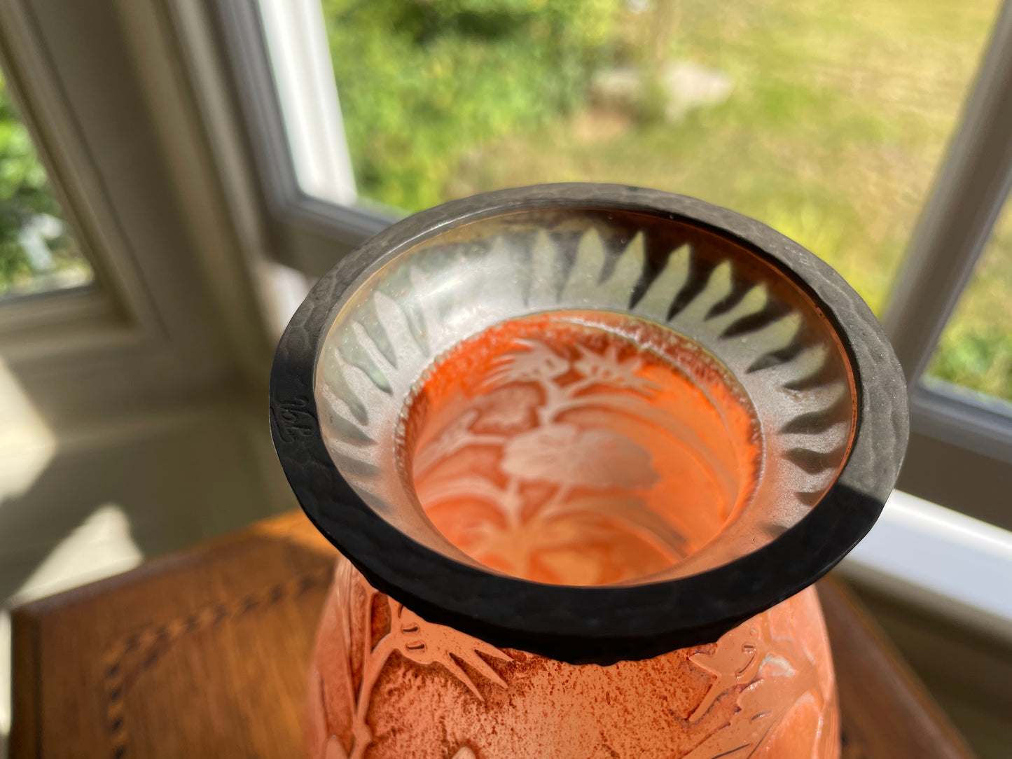 Verreries d’Art Lorrain VAL Cameo Glass Vase – Mid Century French Art Nouveau Revival Frosted Orange Floral Acid Etched with Metal Collar 18.5cm tall