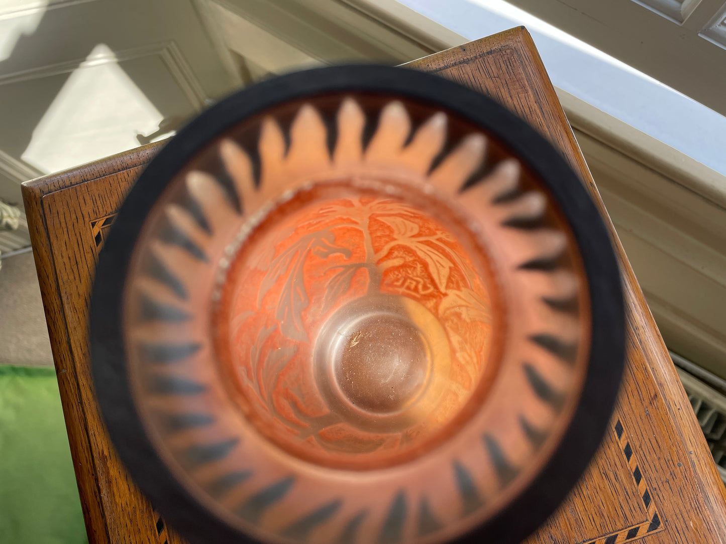 Verreries d’Art Lorrain VAL Cameo Glass Vase – Mid Century French Art Nouveau Revival Frosted Orange Floral Acid Etched with Metal Collar 18.5cm tall