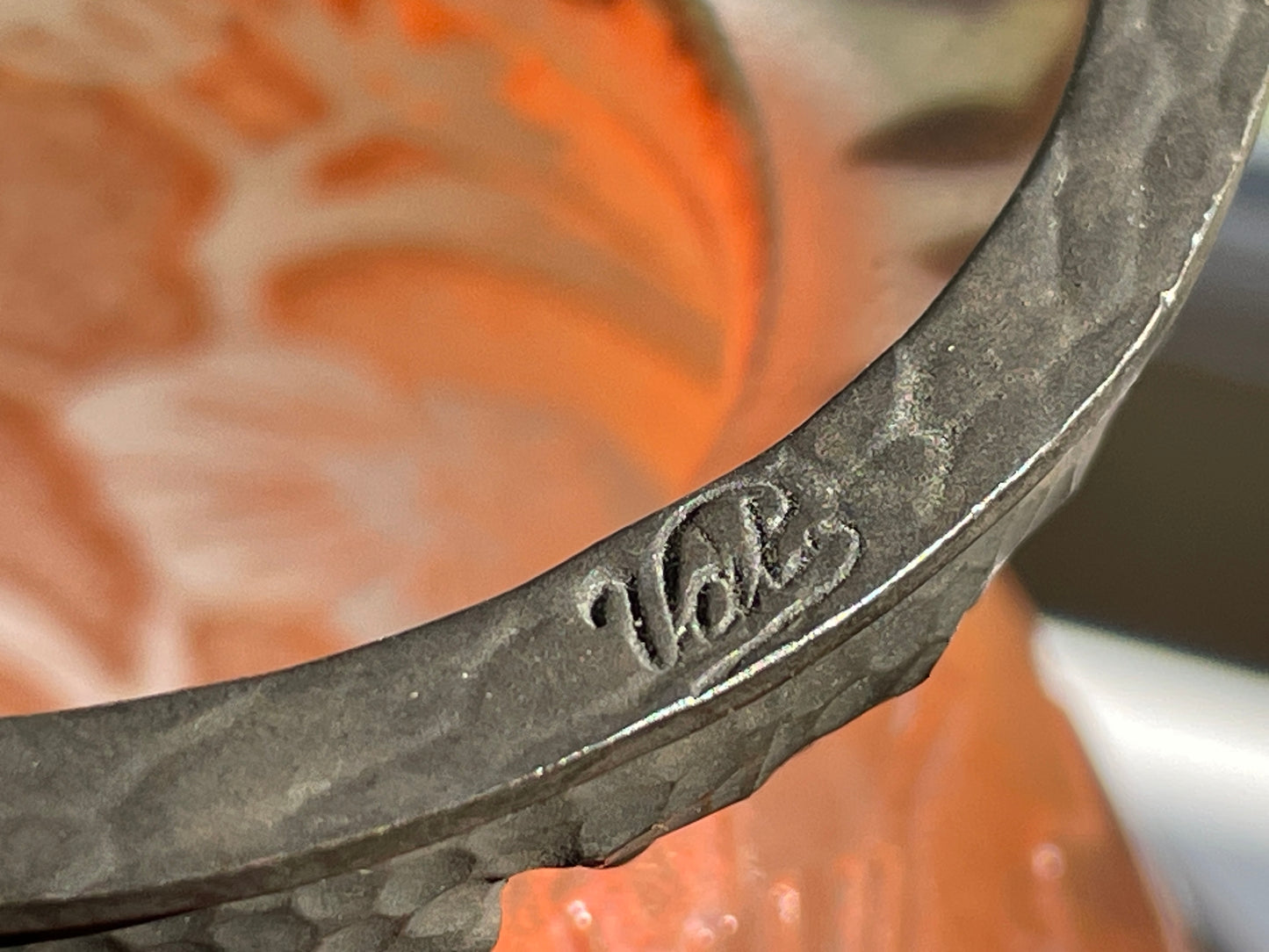 Verreries d’Art Lorrain VAL Cameo Glass Vase – Mid Century French Art Nouveau Revival Frosted Orange Floral Acid Etched with Metal Collar 18.5cm tall