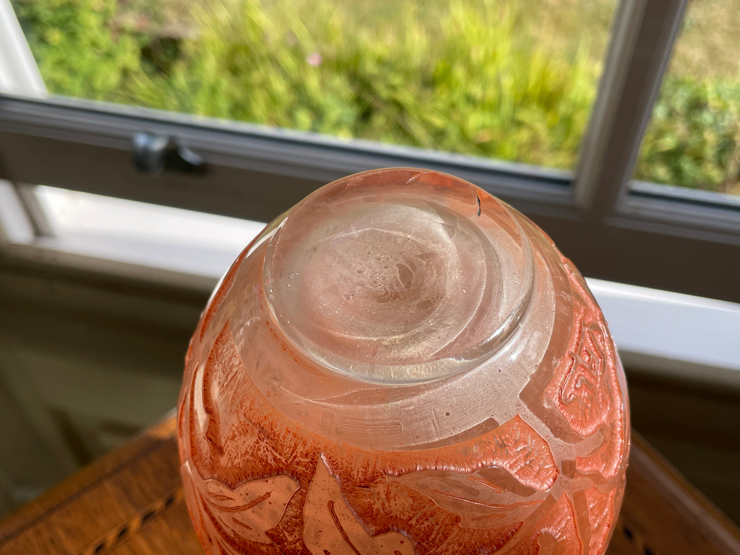 Verreries d’Art Lorrain VAL Cameo Glass Vase – Mid Century French Art Nouveau Revival Frosted Orange Floral Acid Etched with Metal Collar 18.5cm tall