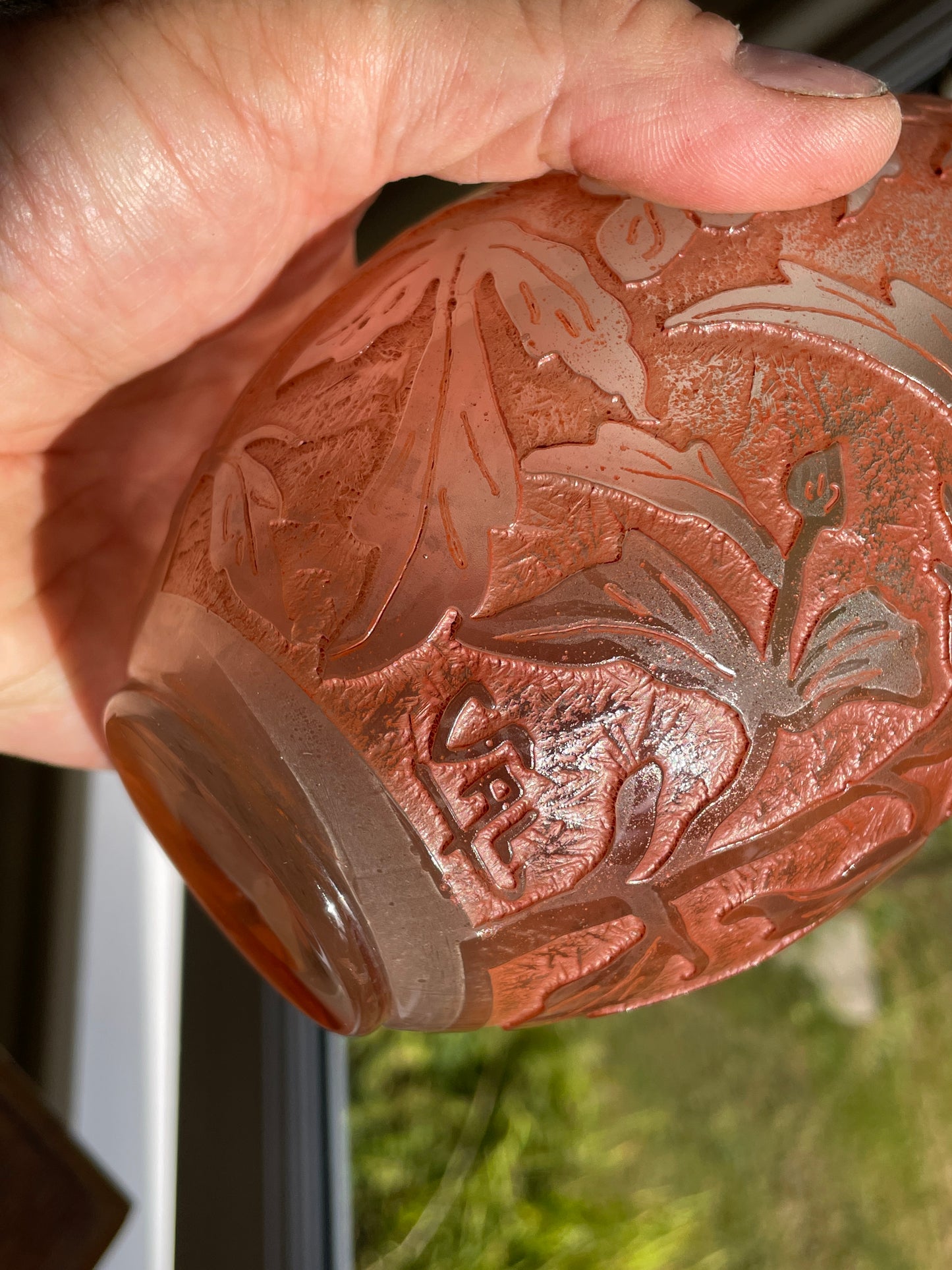 Verreries d’Art Lorrain VAL Cameo Glass Vase – Mid Century French Art Nouveau Revival Frosted Orange Floral Acid Etched with Metal Collar 18.5cm tall