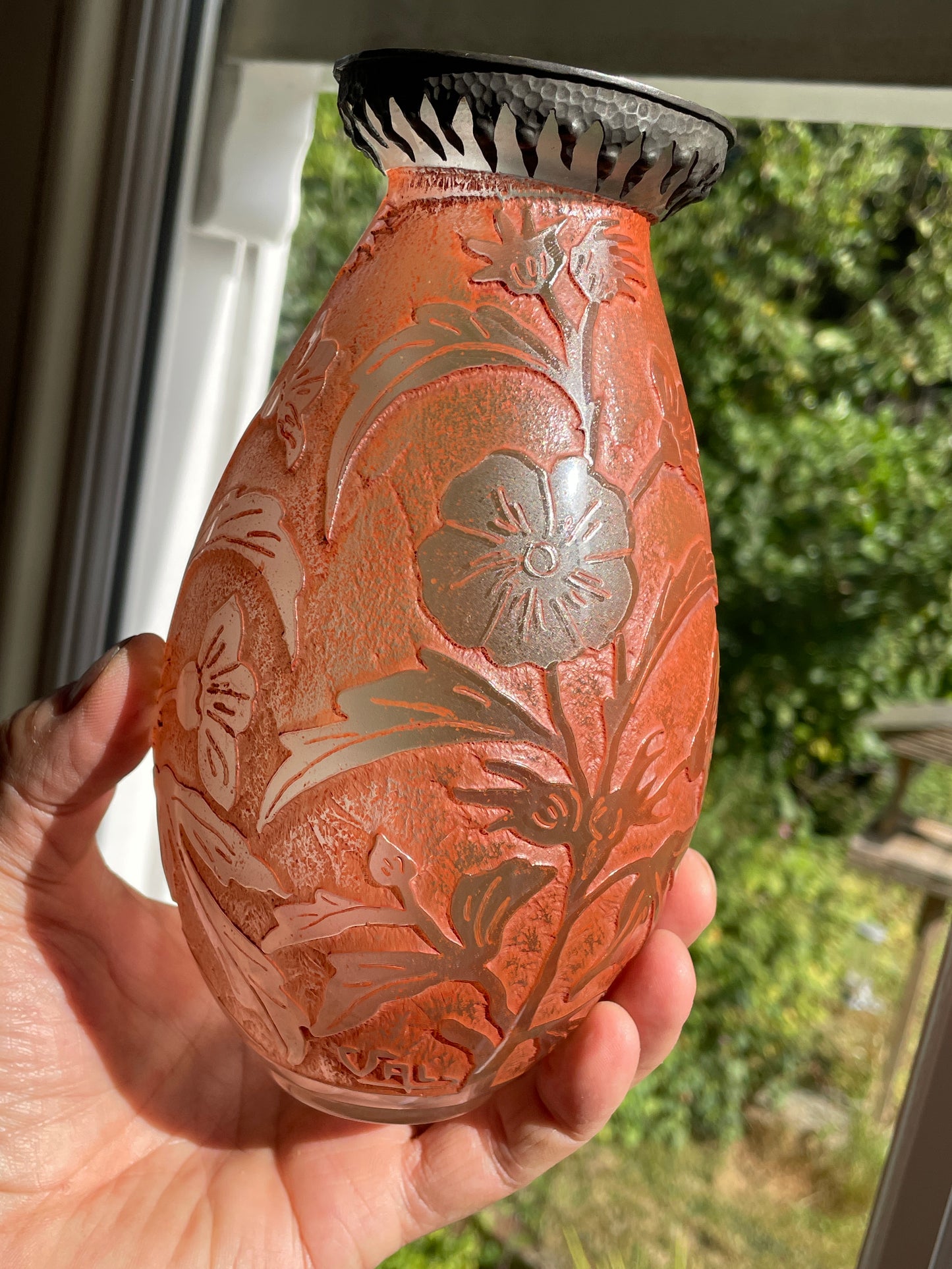 Verreries d’Art Lorrain VAL Cameo Glass Vase – Mid Century French Art Nouveau Revival Frosted Orange Floral Acid Etched with Metal Collar 18.5cm tall