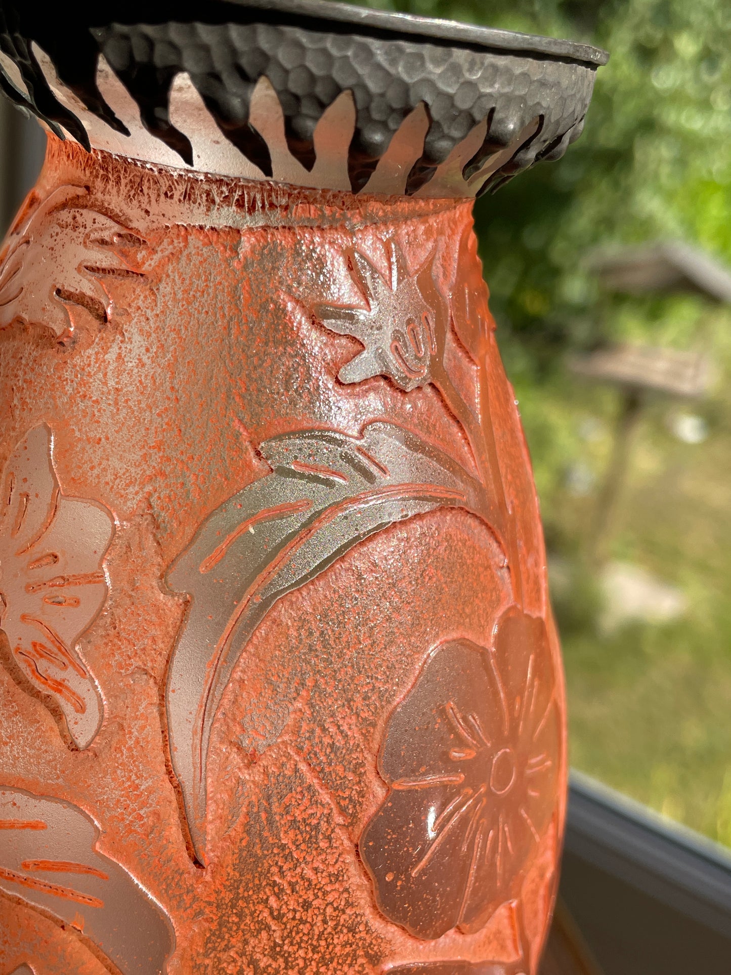 Verreries d’Art Lorrain VAL Cameo Glass Vase – Mid Century French Art Nouveau Revival Frosted Orange Floral Acid Etched with Metal Collar 18.5cm tall
