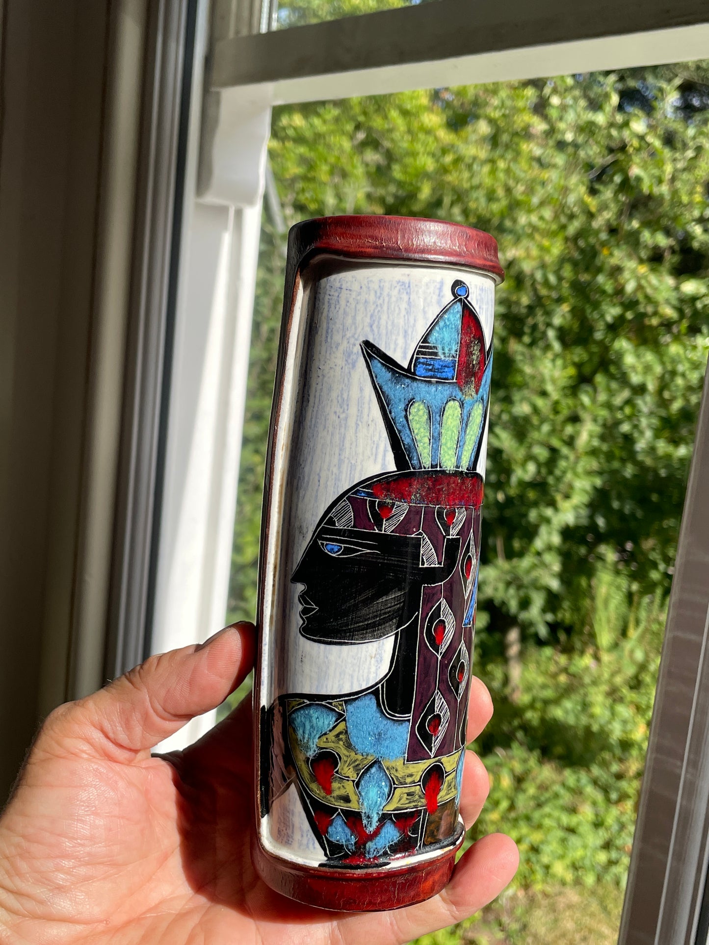 Vintage 1960s Italian Fantoni Style Leather Wrapped Ceramic Vase, Hand Painted Egyptian Pharaoh Design, 20cm Mid Century