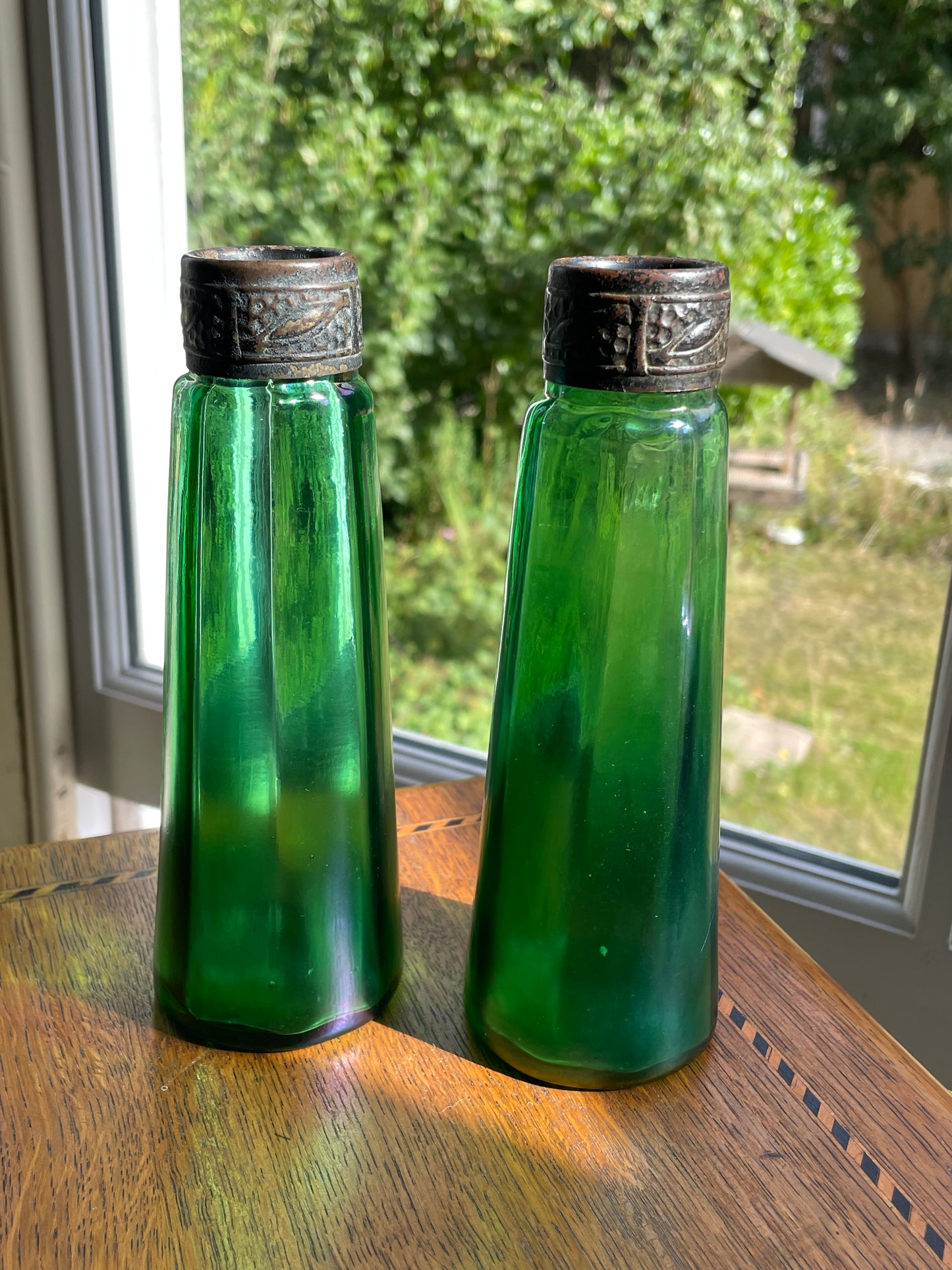 Antique Stolzle Bohemian Green Glass Perfume Bottles Pair, 19thC Ribbed Vanity Scent Bottles with Metal Mounts
