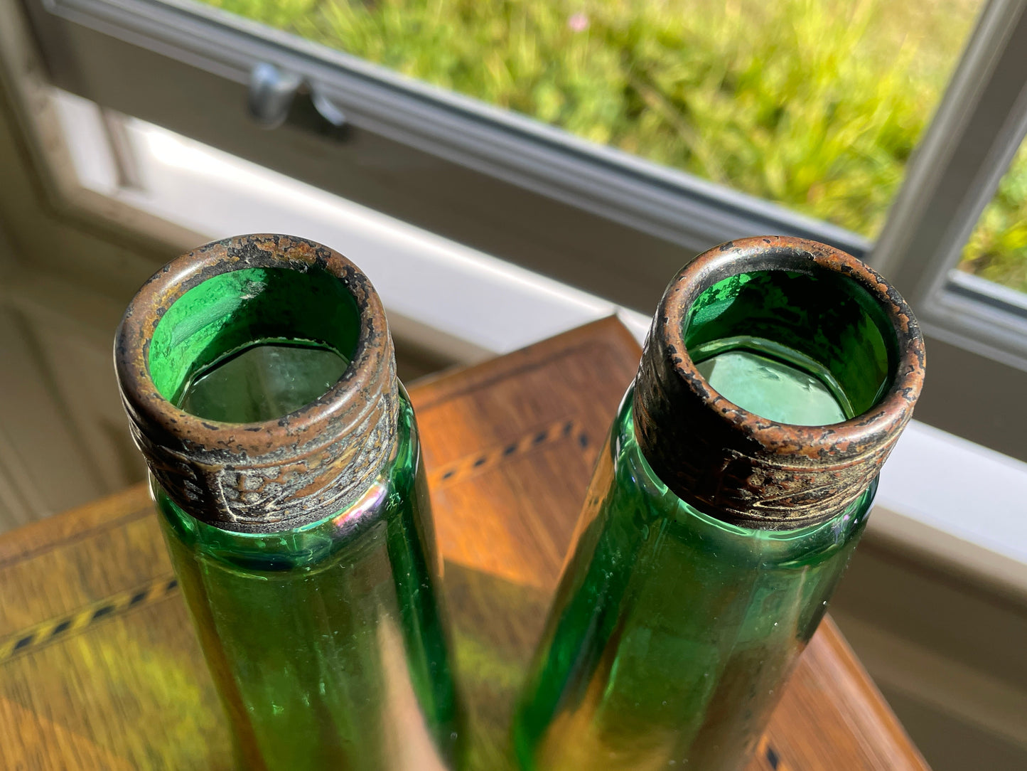 Antique Stolzle Bohemian Green Glass Perfume Bottles Pair, 19thC Ribbed Vanity Scent Bottles with Metal Mounts