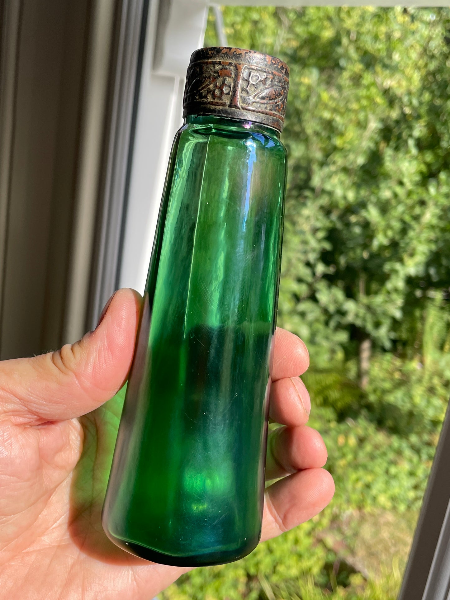 Antique Stolzle Bohemian Green Glass Perfume Bottles Pair, 19thC Ribbed Vanity Scent Bottles with Metal Mounts