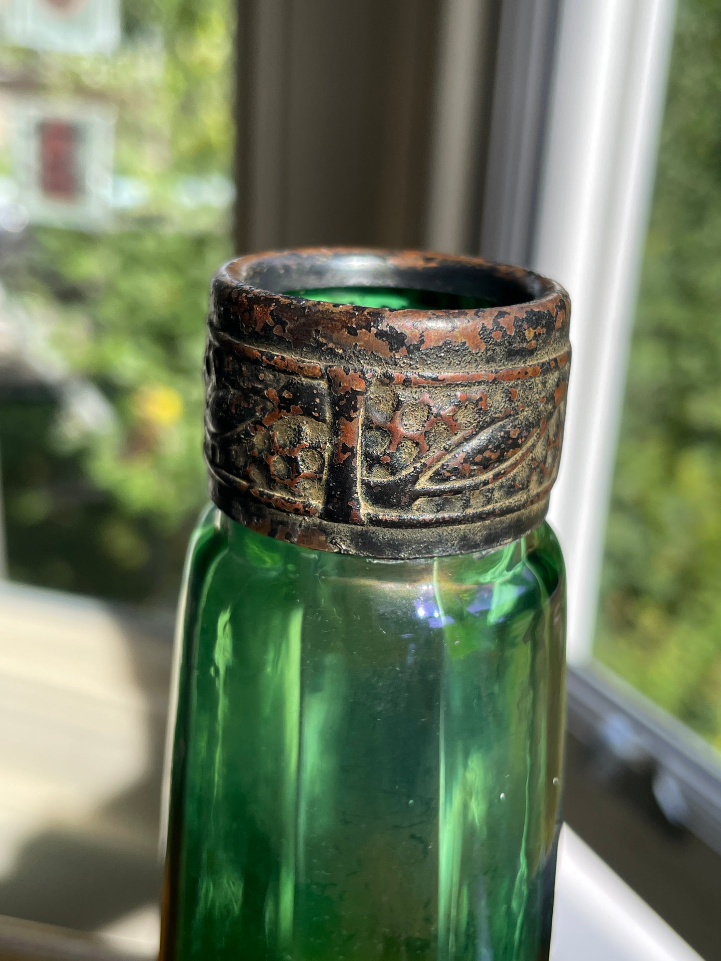Antique Stolzle Bohemian Green Glass Perfume Bottles Pair, 19thC Ribbed Vanity Scent Bottles with Metal Mounts