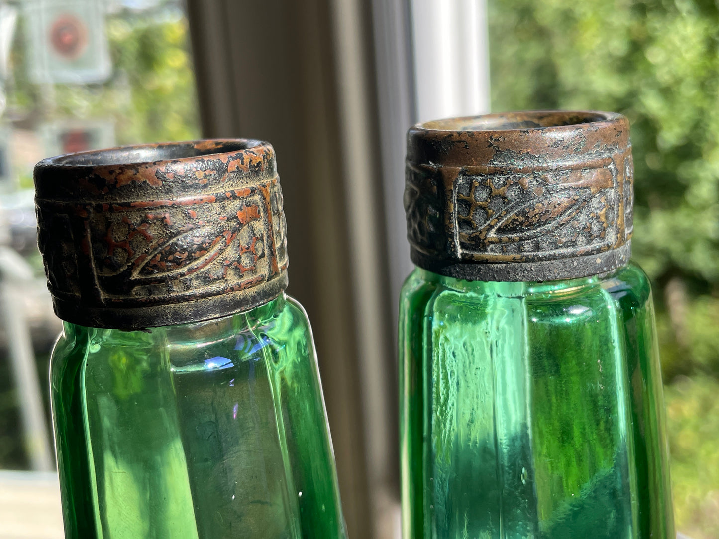 Antique Stolzle Bohemian Green Glass Perfume Bottles Pair, 19thC Ribbed Vanity Scent Bottles with Metal Mounts