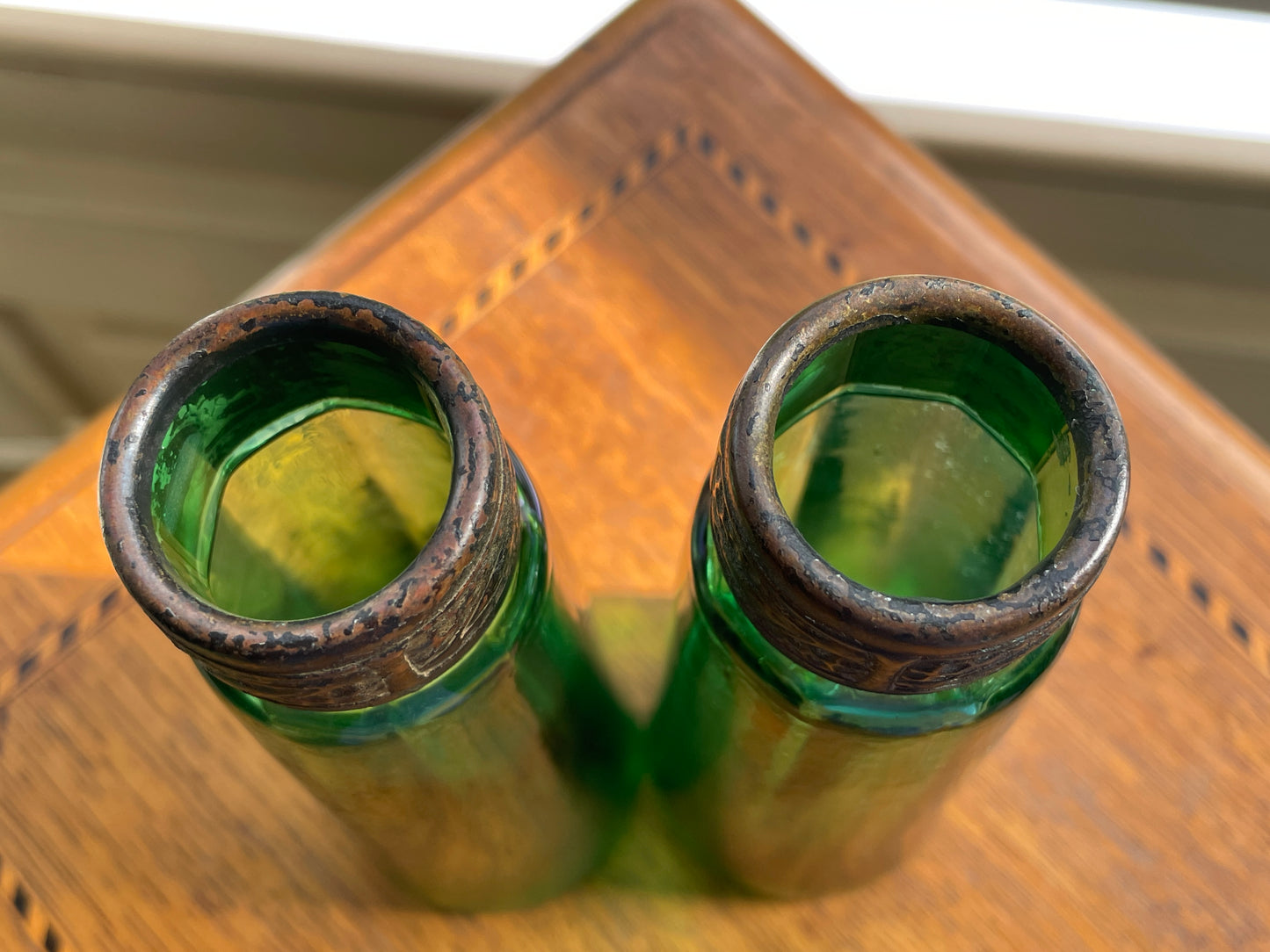 Antique Stolzle Bohemian Green Glass Perfume Bottles Pair, 19thC Ribbed Vanity Scent Bottles with Metal Mounts