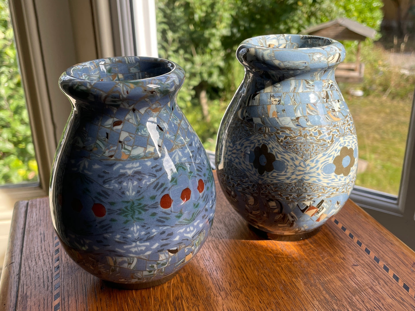 Pair Jean Gerbino Vallauris France Mosaic Vases, Signed Neriage Pottery, Mid-Century Studio Ceramics 14cm