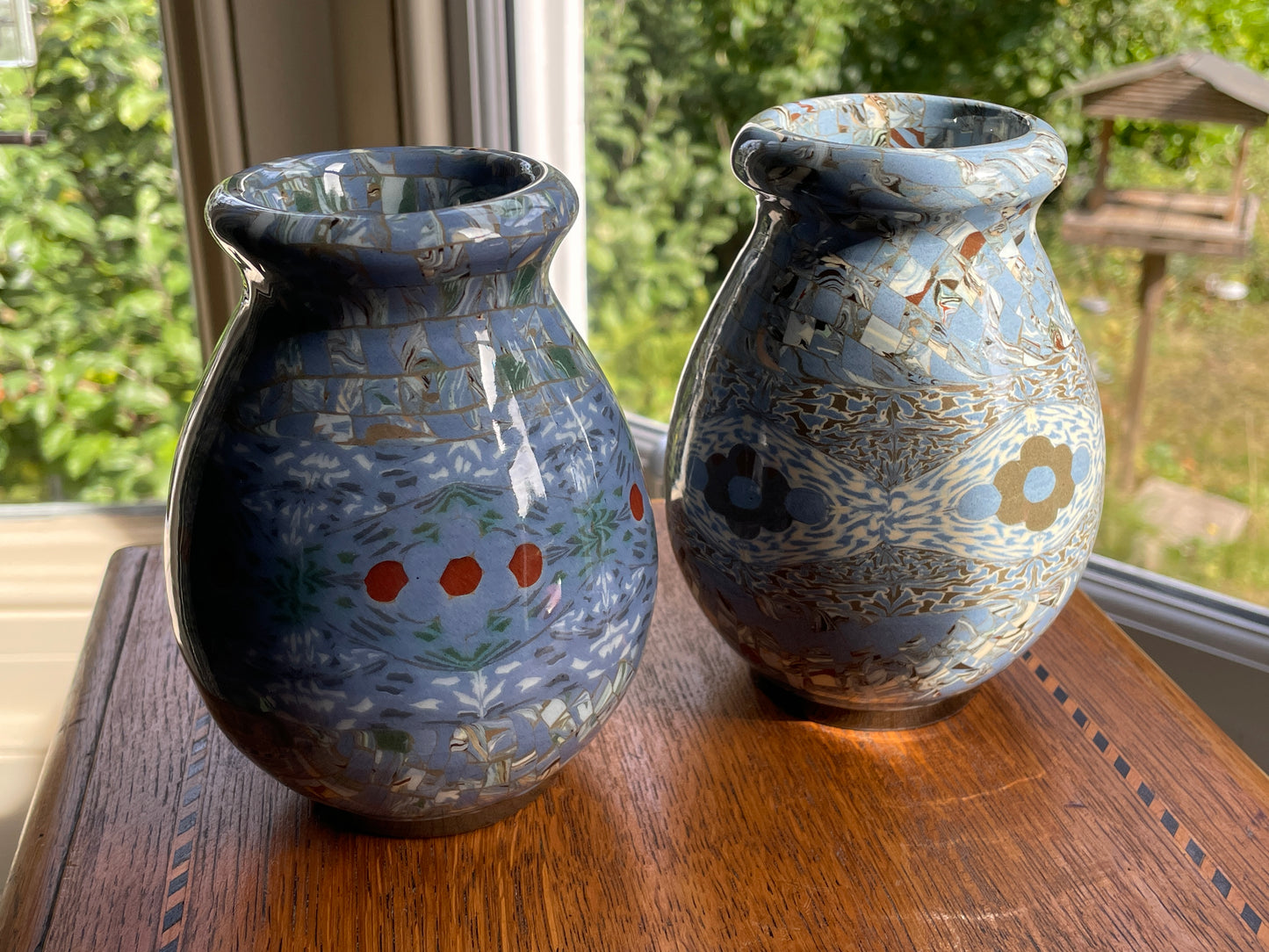 Pair Jean Gerbino Vallauris France Mosaic Vases, Signed Neriage Pottery, Mid-Century Studio Ceramics 14cm