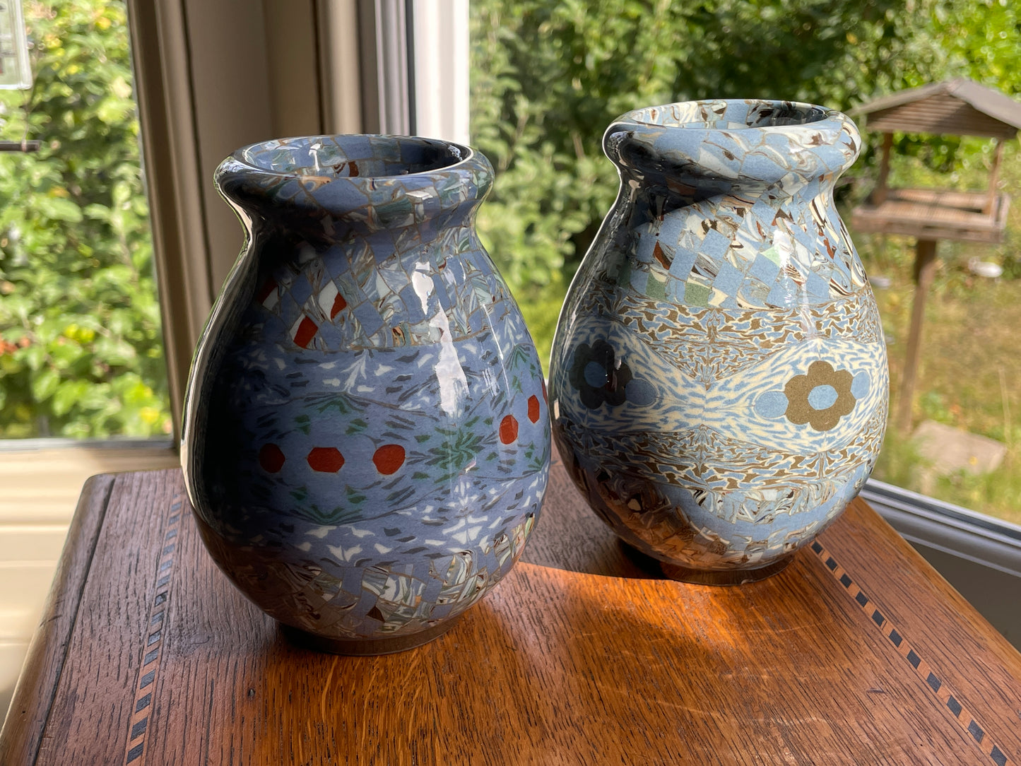 Pair Jean Gerbino Vallauris France Mosaic Vases, Signed Neriage Pottery, Mid-Century Studio Ceramics 14cm