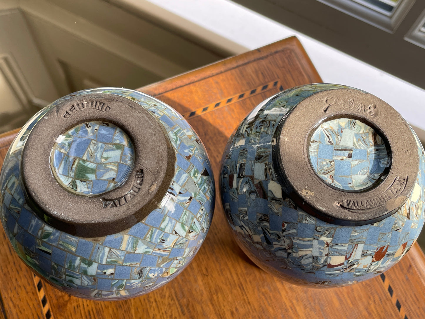 Pair Jean Gerbino Vallauris France Mosaic Vases, Signed Neriage Pottery, Mid-Century Studio Ceramics 14cm