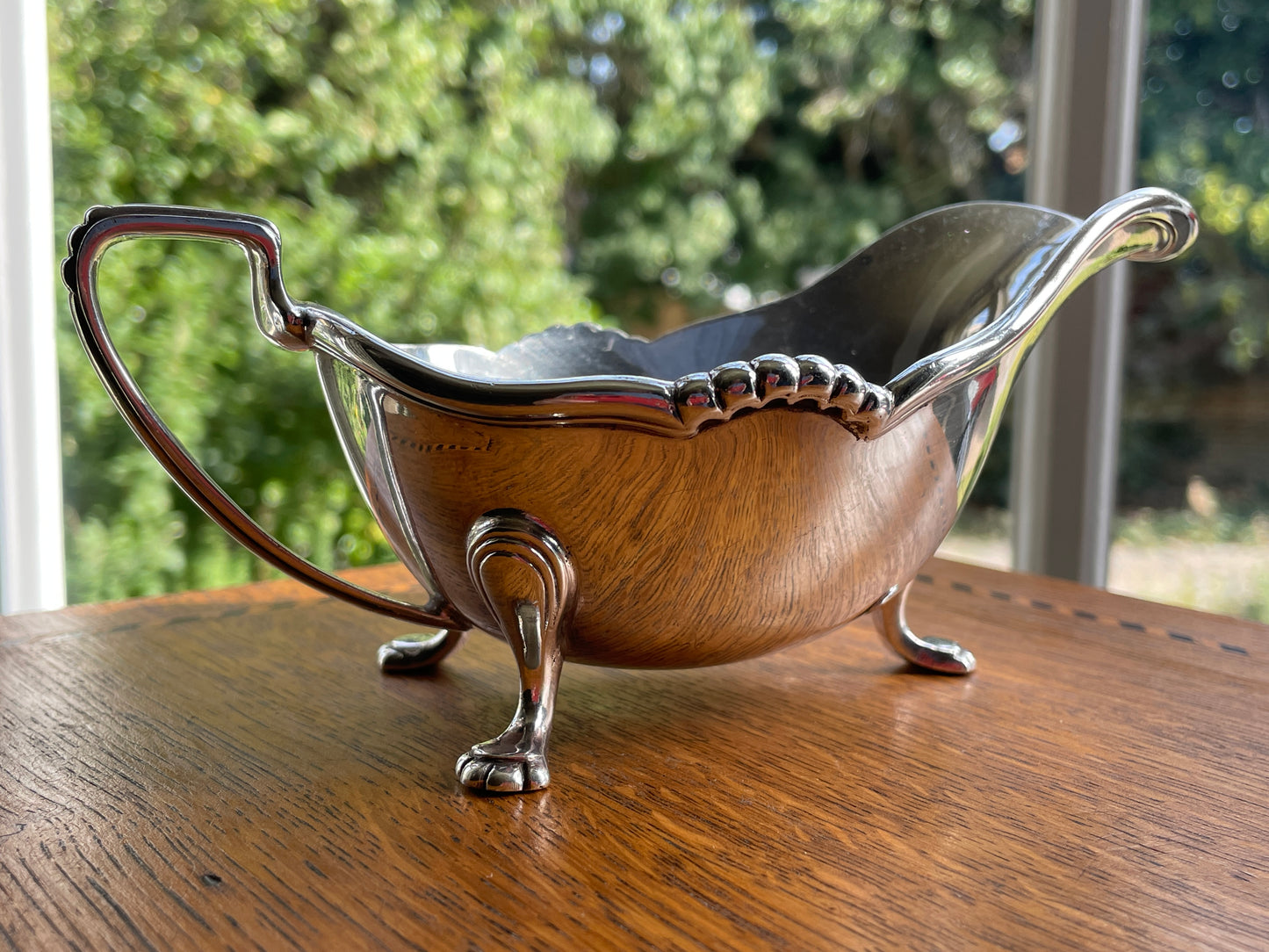 Vintage Harrods London Silver Plated Sauce Boat, Footed Gravy Boat with Lion Paw Feet, Hard Soldered Silverplate