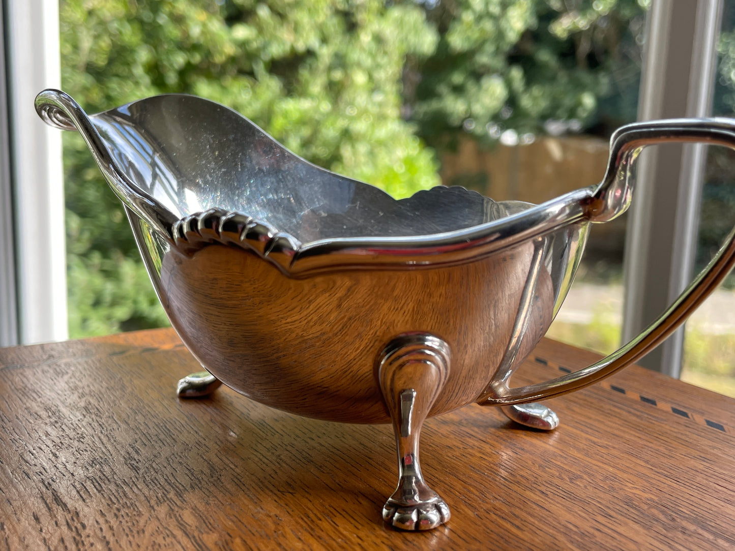 Vintage Harrods London Silver Plated Sauce Boat, Footed Gravy Boat with Lion Paw Feet, Hard Soldered Silverplate