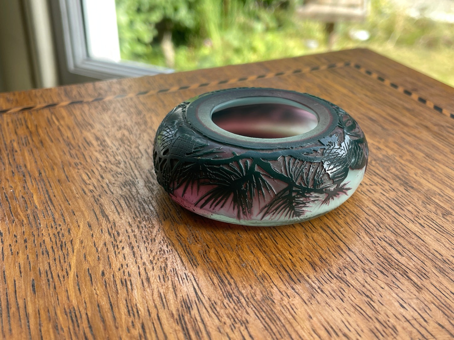 Signed L. Chompret Cameo Glass Miniature Vase, French Art Nouveau Pinecone Design, Acid Etched c.1910