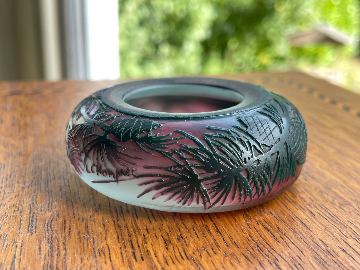 Signed L. Chompret Cameo Glass Miniature Vase, French Art Nouveau Pinecone Design, Acid Etched c.1910