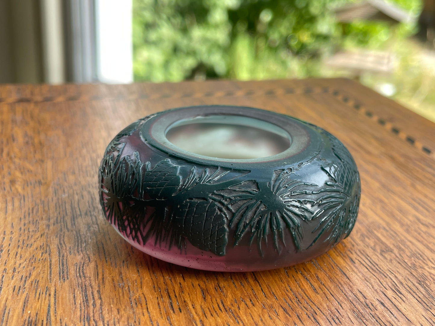Signed L. Chompret Cameo Glass Miniature Vase, French Art Nouveau Pinecone Design, Acid Etched c.1910