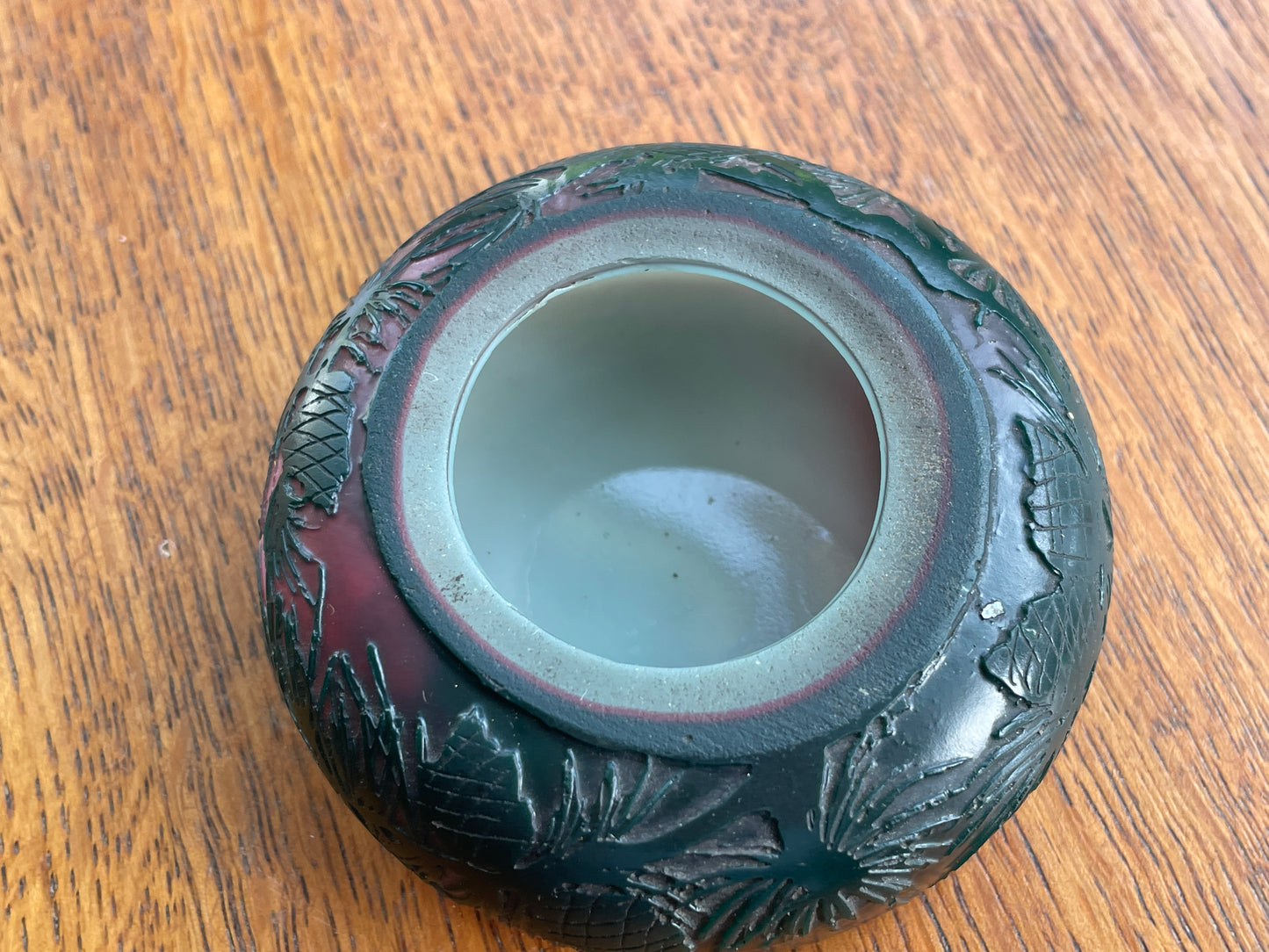 Signed L. Chompret Cameo Glass Miniature Vase, French Art Nouveau Pinecone Design, Acid Etched c.1910