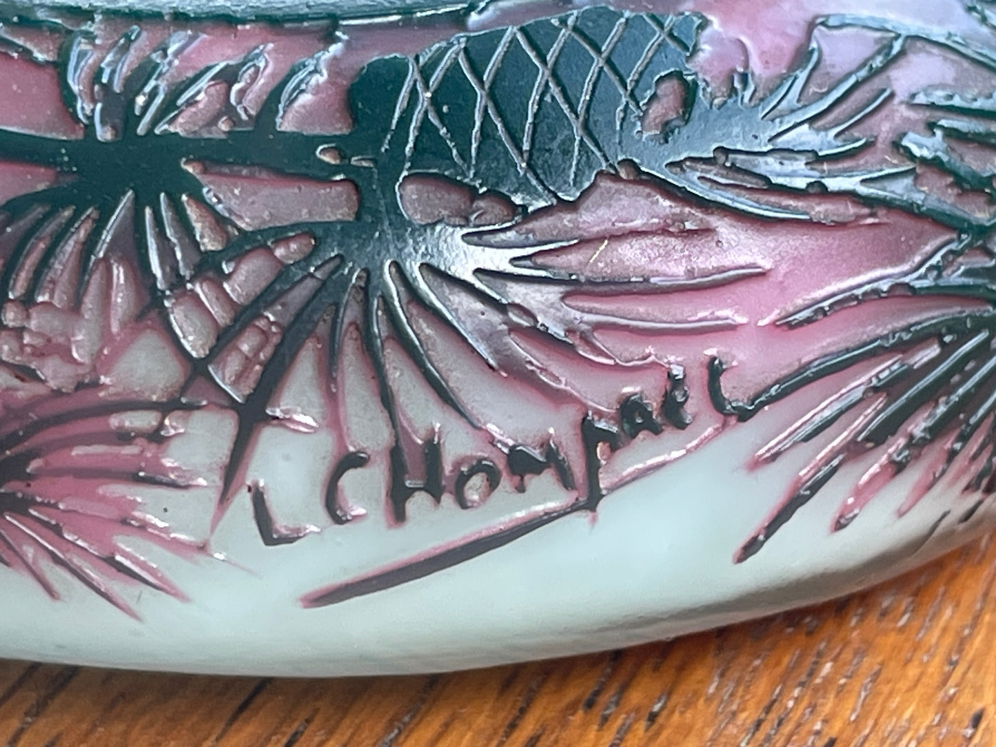 Signed L. Chompret Cameo Glass Miniature Vase, French Art Nouveau Pinecone Design, Acid Etched c.1910