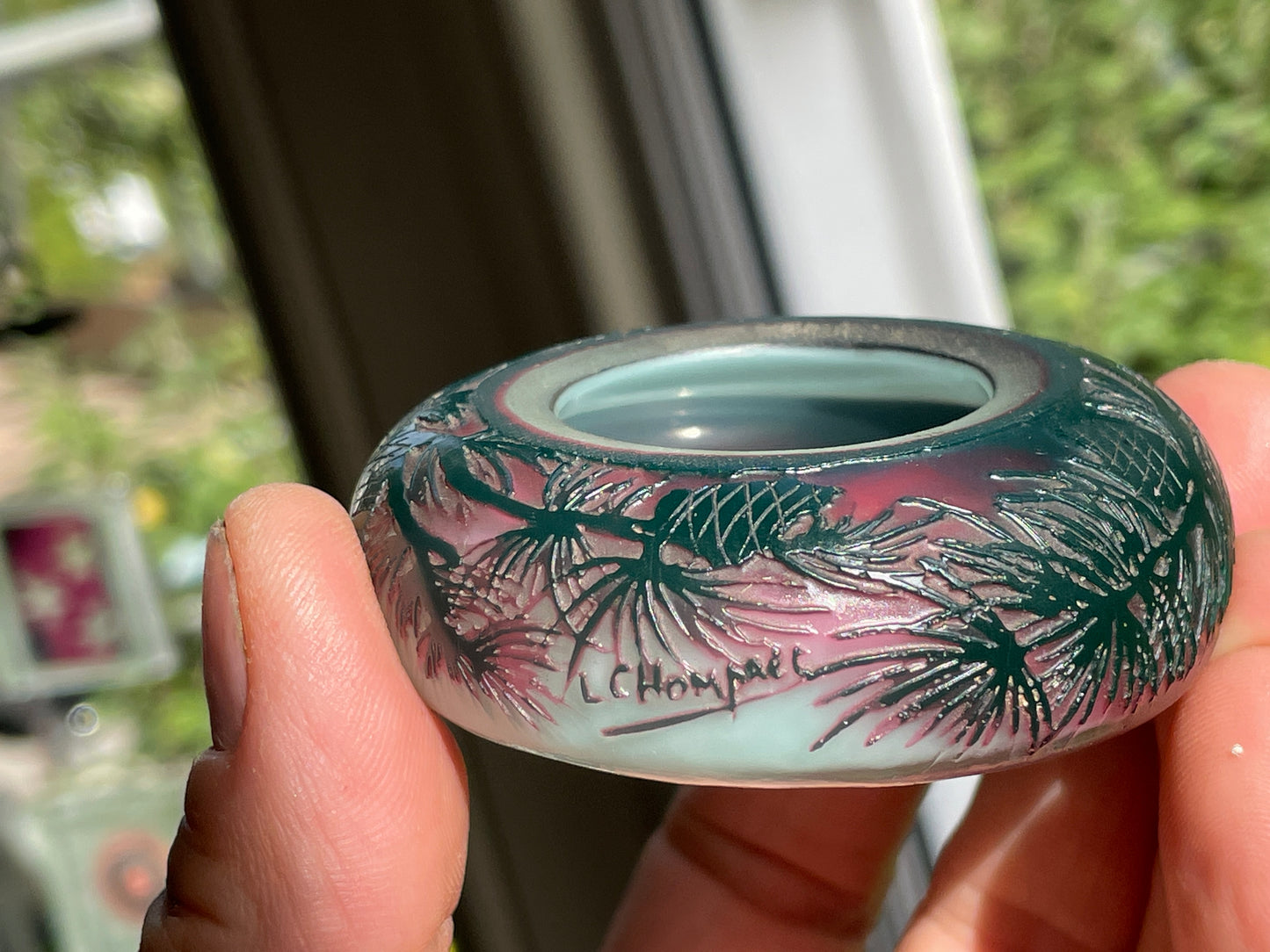 Signed L. Chompret Cameo Glass Miniature Vase, French Art Nouveau Pinecone Design, Acid Etched c.1910