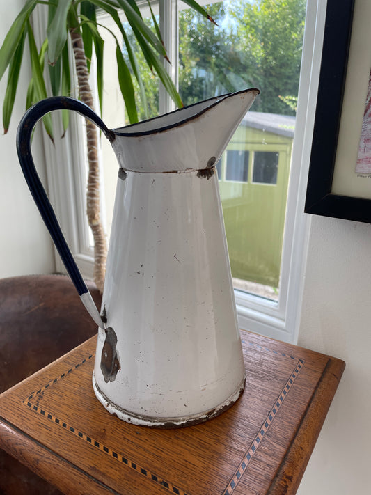 Large Vintage French Enamel Water Pitcher, White & Blue Enamel Jug, 27cm Farmhouse Rustic Shabby Chic Kitchen Decor