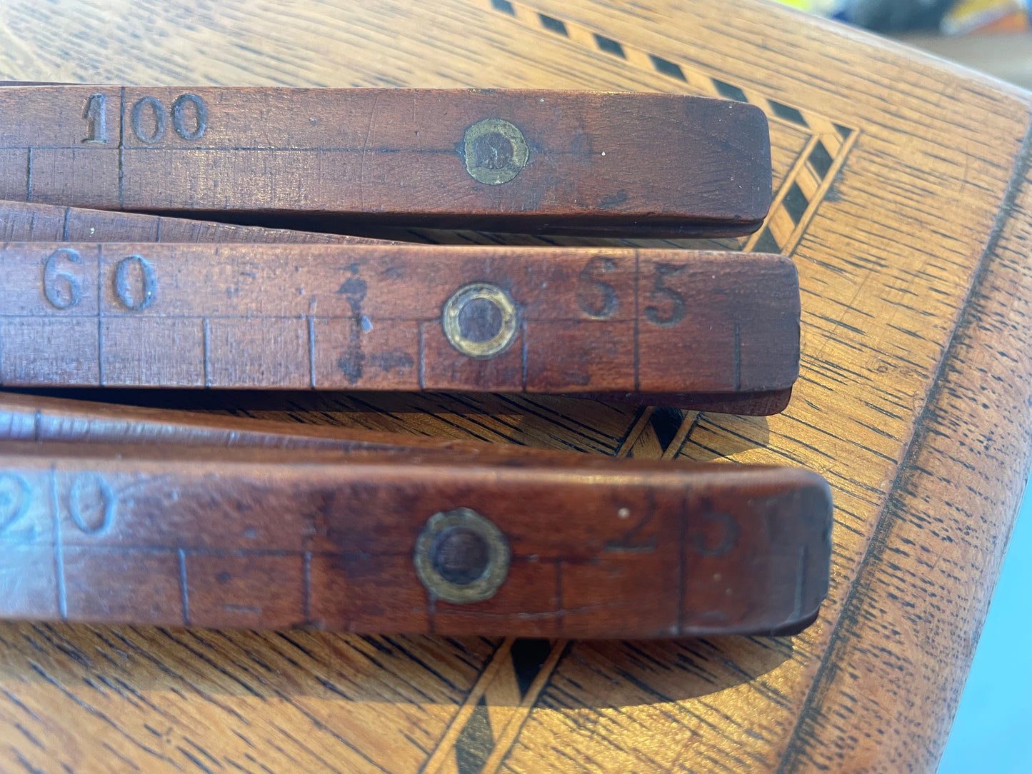 Antique Folding Wooden Ruler with Brass Hinges