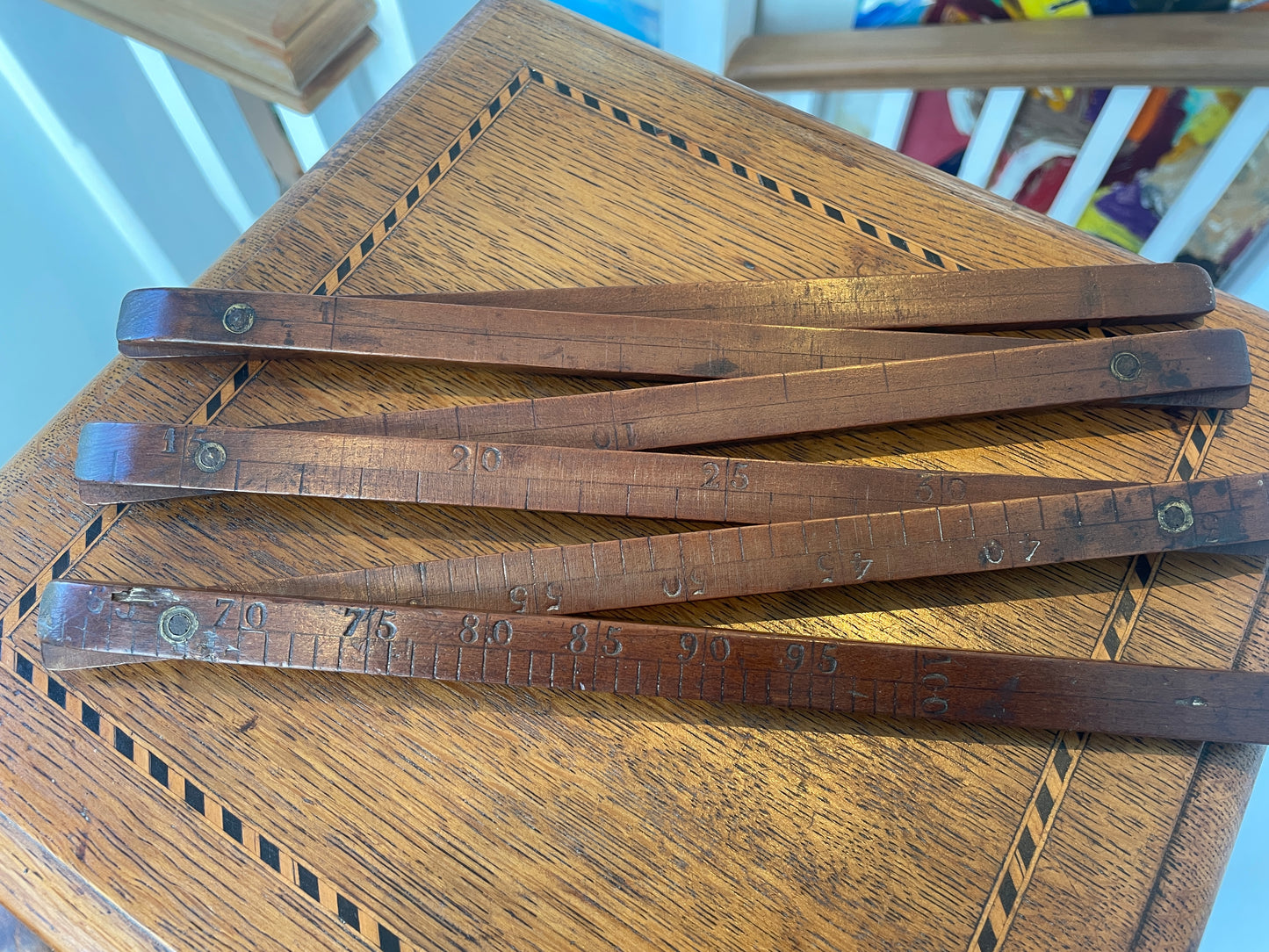 Antique Folding Wooden Ruler with Brass Hinges