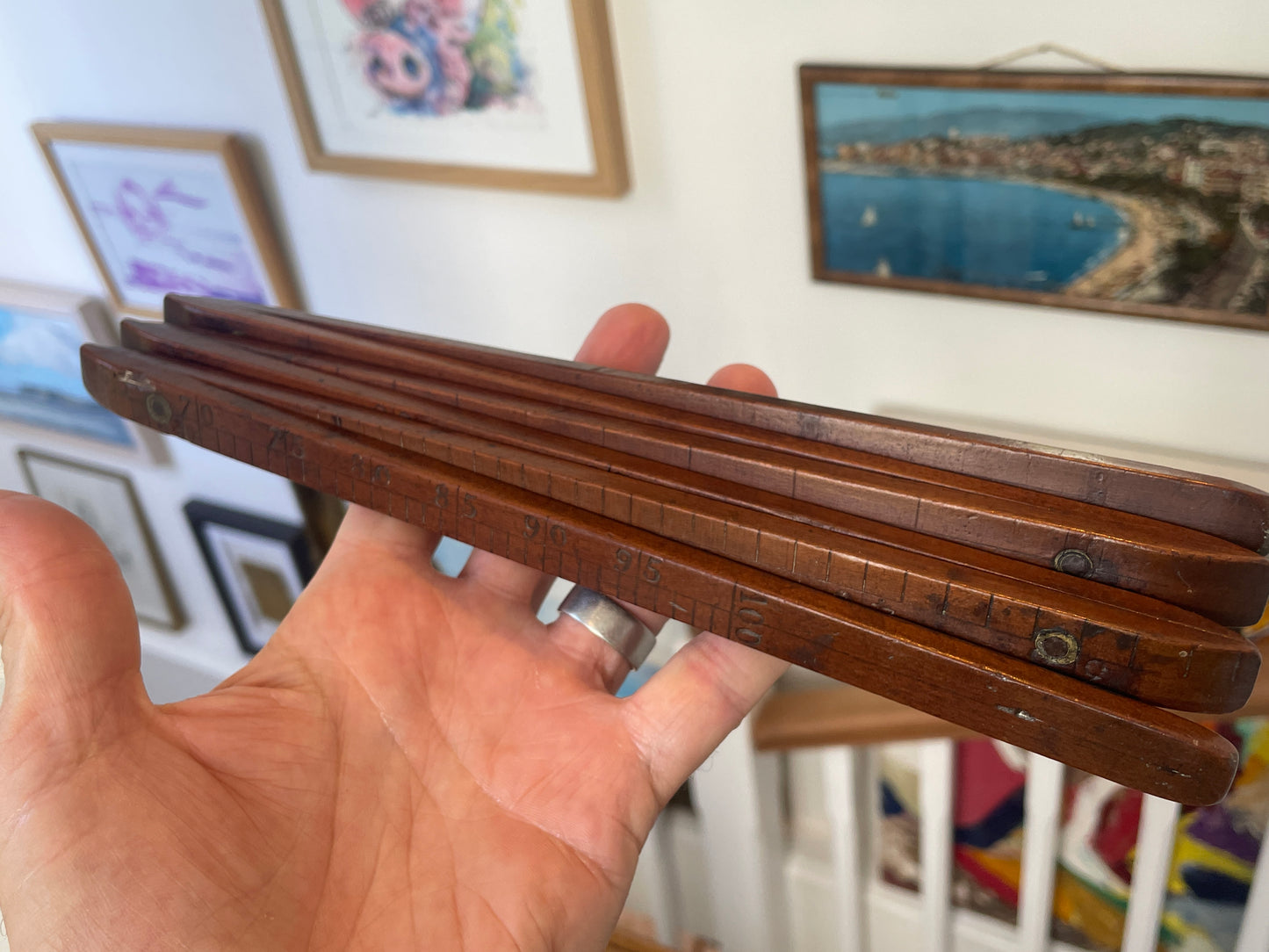 Antique Folding Wooden Ruler with Brass Hinges