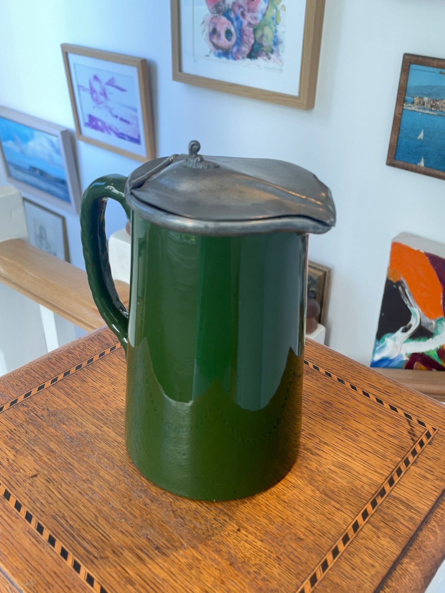 Vintage Green Glazed Ceramic Tankard with Pewter Lid – Made in England Beer Jug Pitcher – Mid 20th Century Barware Collectible