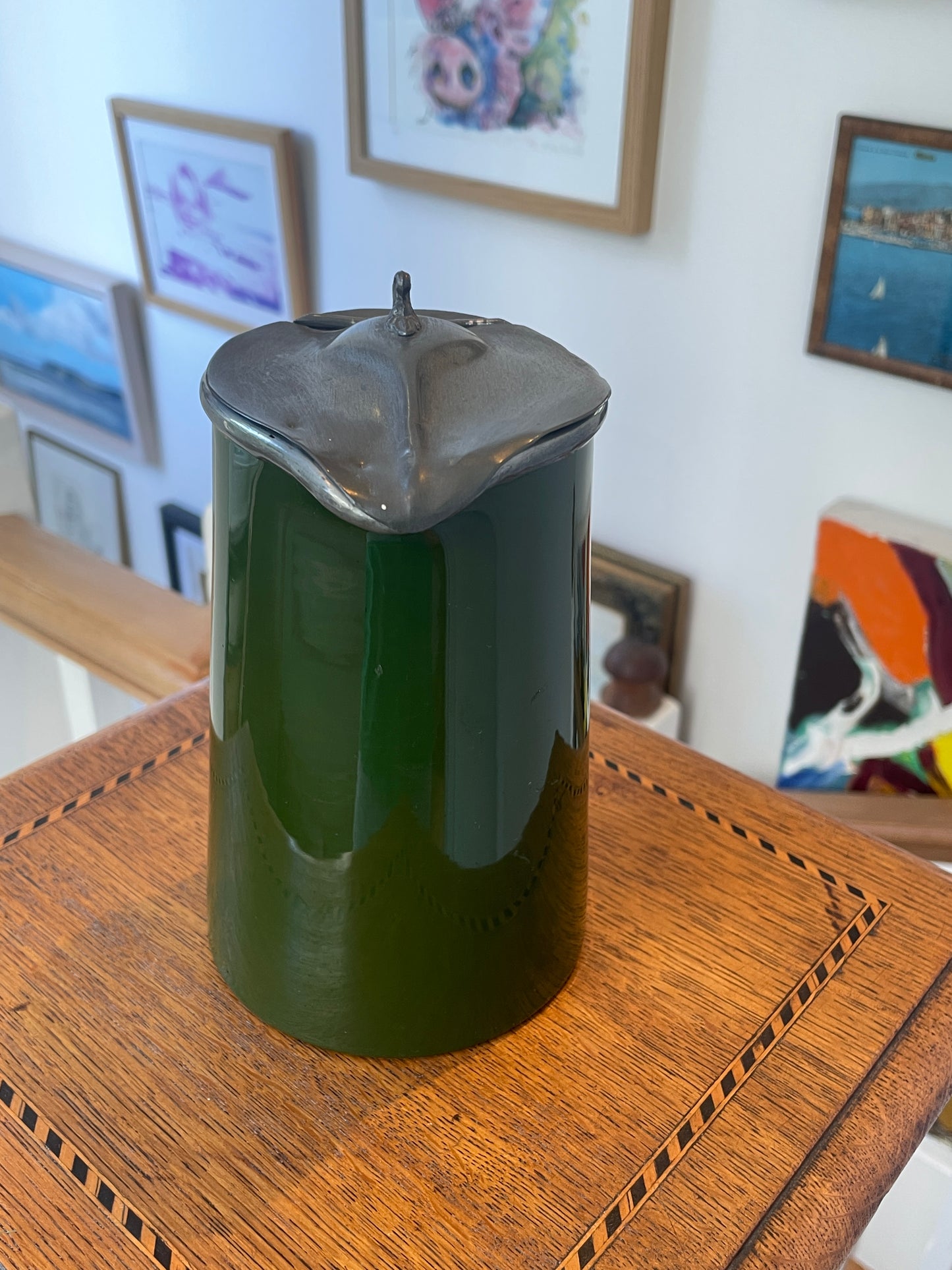 Vintage Green Glazed Ceramic Tankard with Pewter Lid – Made in England Beer Jug Pitcher – Mid 20th Century Barware Collectible