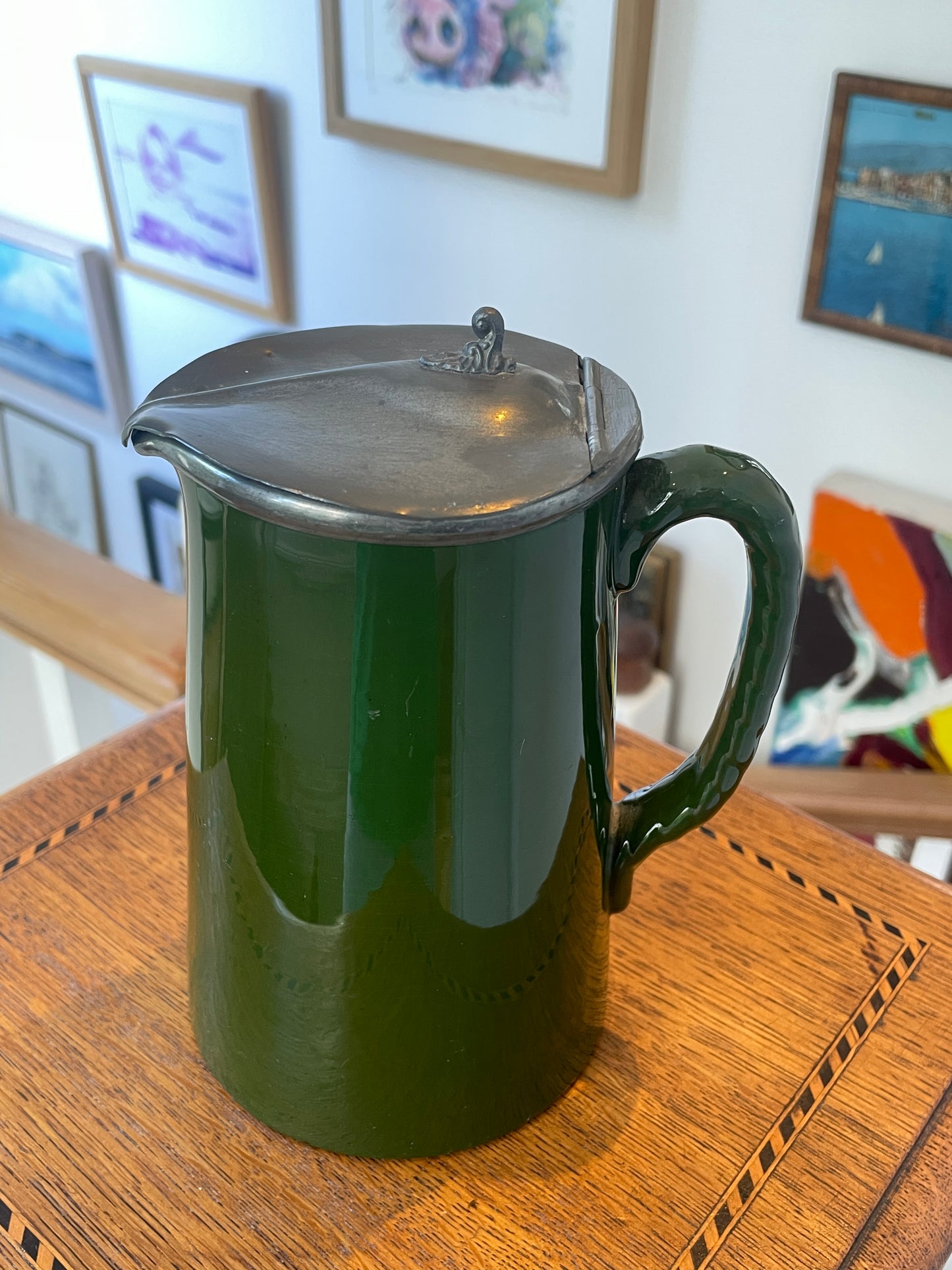 Vintage Green Glazed Ceramic Tankard with Pewter Lid – Made in England Beer Jug Pitcher – Mid 20th Century Barware Collectible