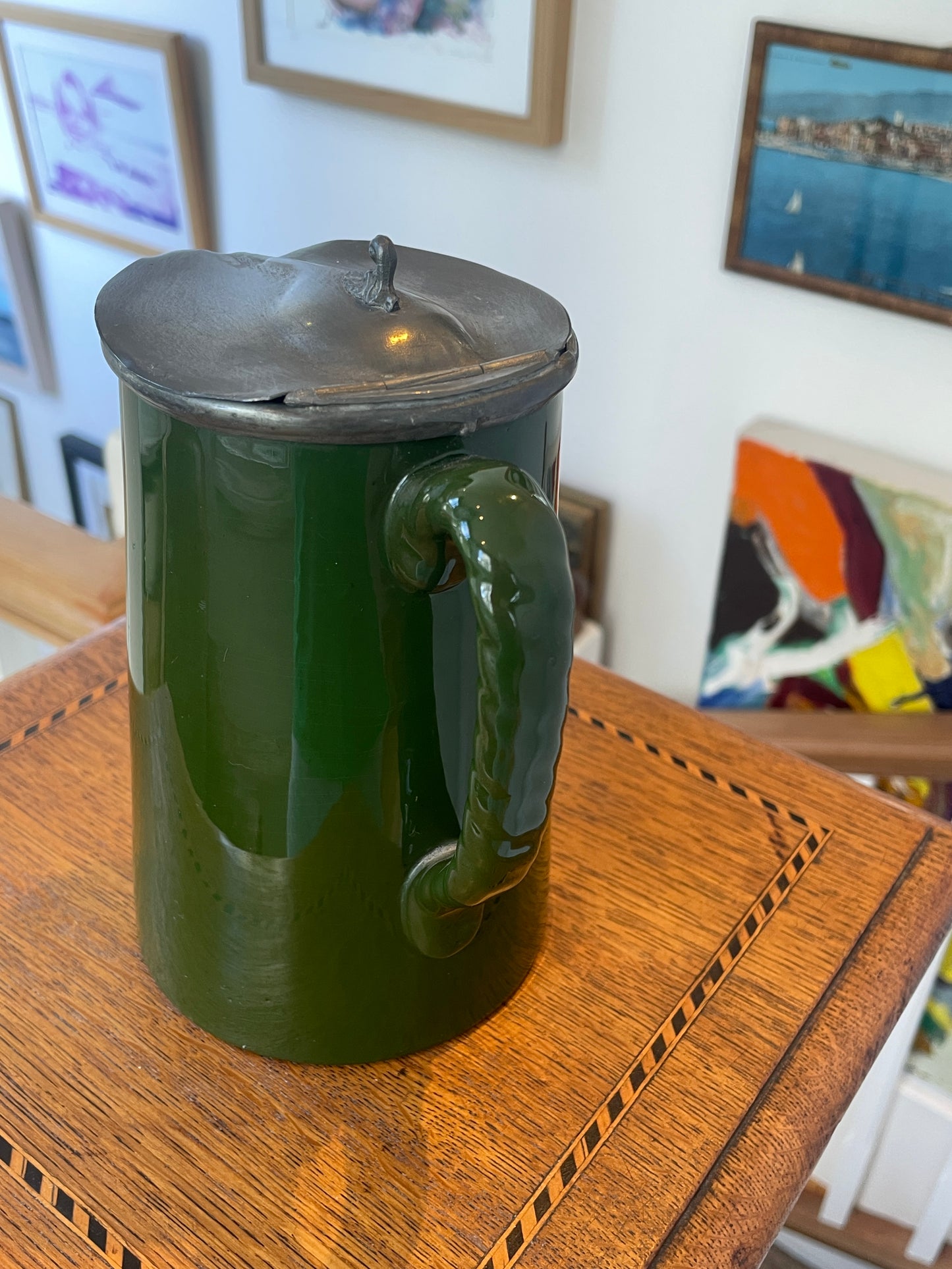 Vintage Green Glazed Ceramic Tankard with Pewter Lid – Made in England Beer Jug Pitcher – Mid 20th Century Barware Collectible