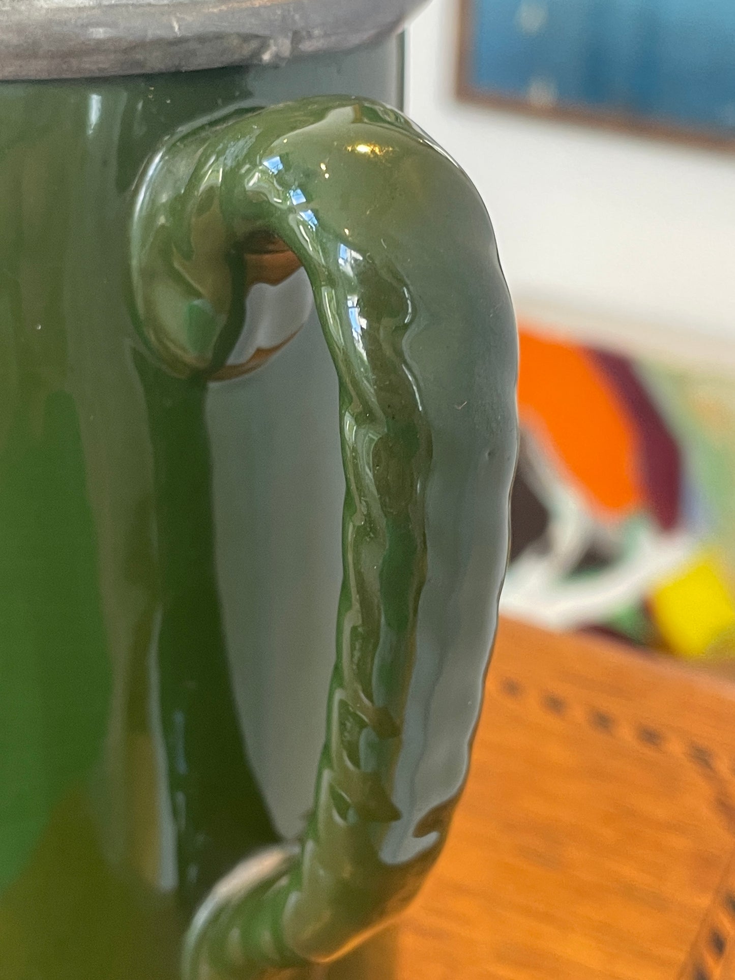 Vintage Green Glazed Ceramic Tankard with Pewter Lid – Made in England Beer Jug Pitcher – Mid 20th Century Barware Collectible