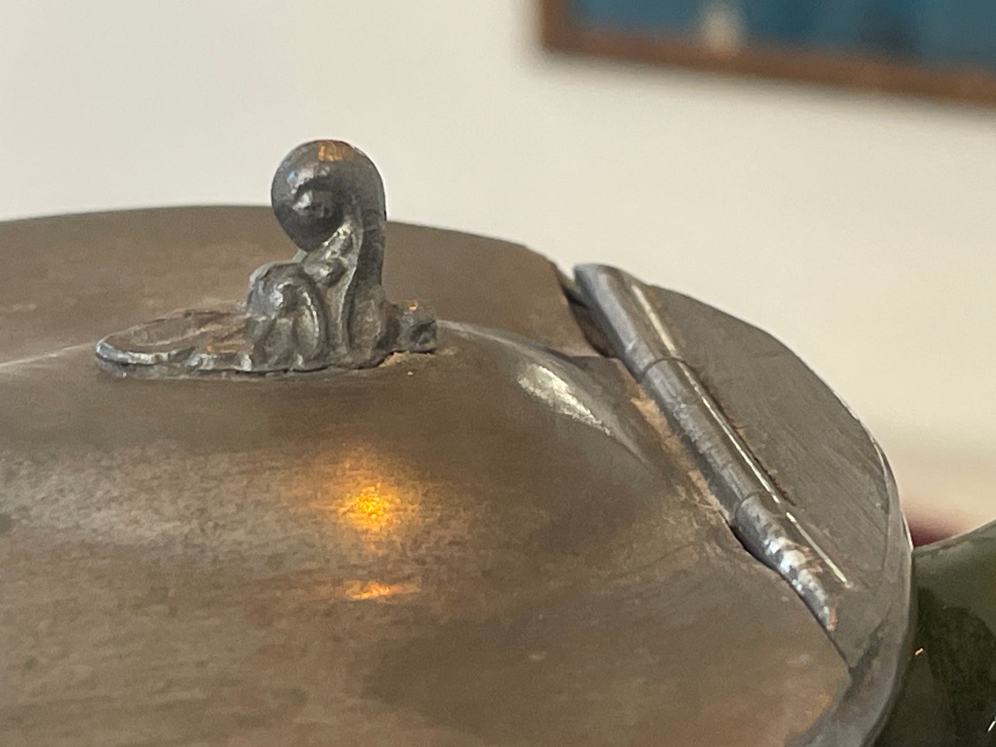 Vintage Green Glazed Ceramic Tankard with Pewter Lid – Made in England Beer Jug Pitcher – Mid 20th Century Barware Collectible